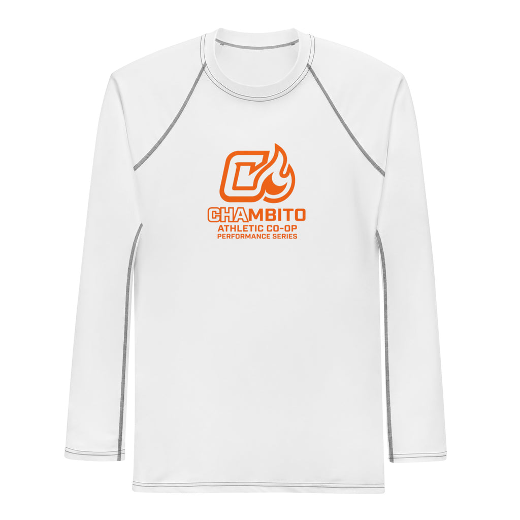 White athletic shirt with orange logo on a white background