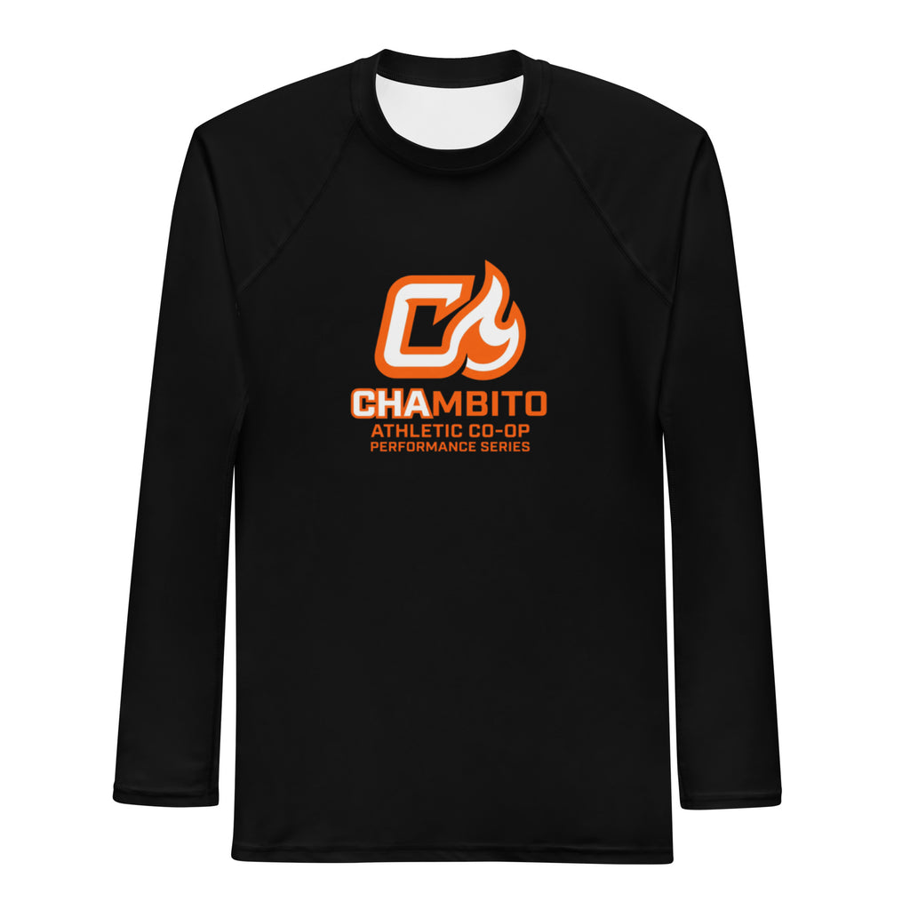 Black long-sleeve shirt with orange and white logo on a white background