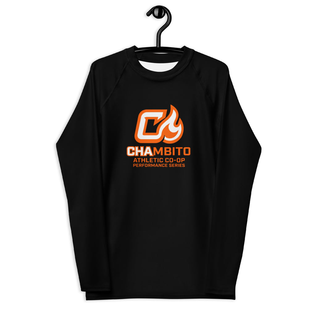 Black sweatshirt with orange and white logo on a hanger against a white background