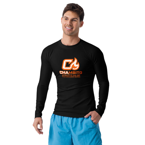 Man wearing a black long-sleeve shirt with a logo and blue shorts on a white background