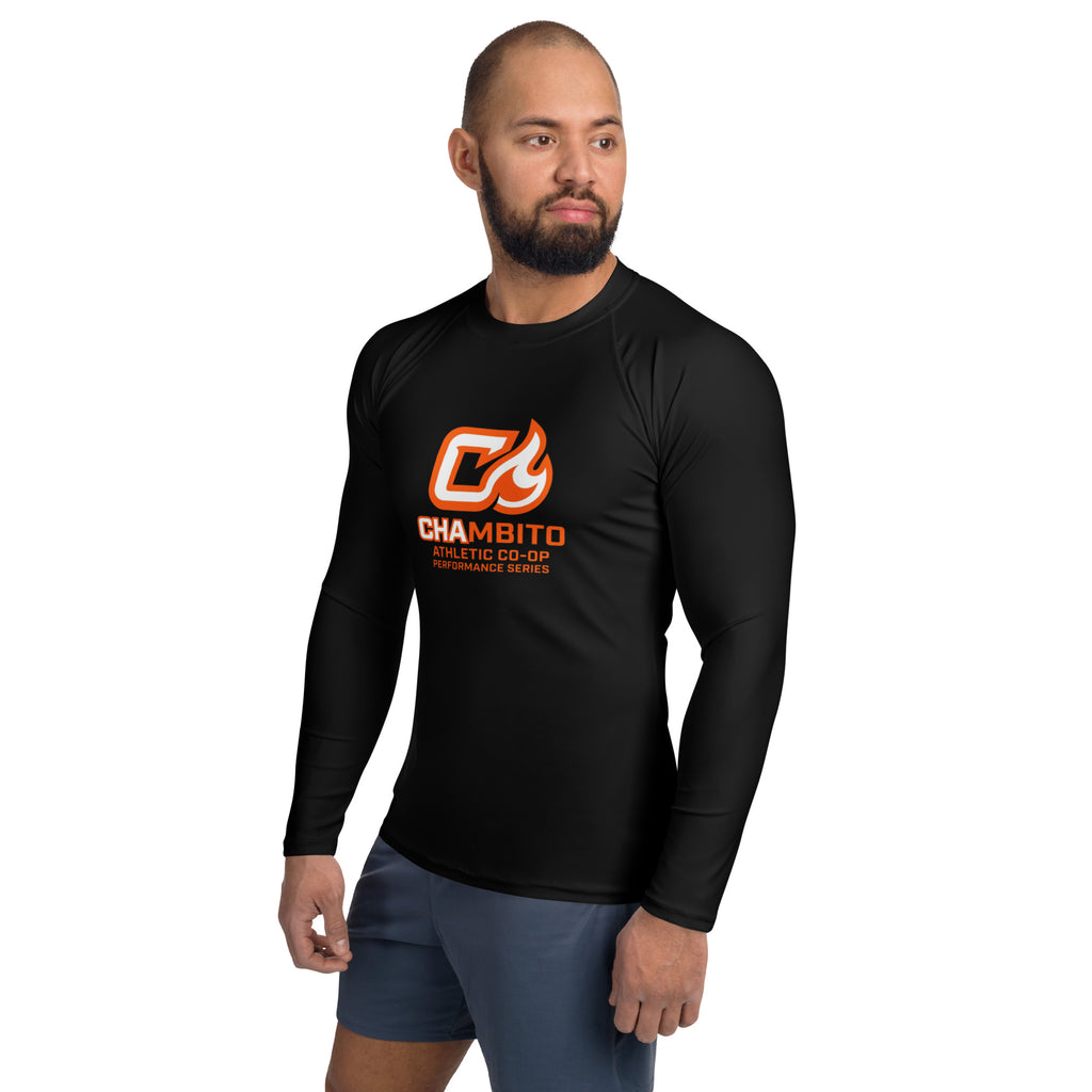 Man wearing a black long-sleeve shirt with a logo on a white background