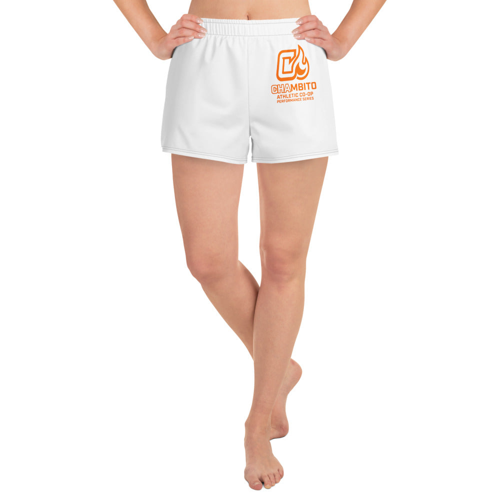 White shorts with a logo on a white background