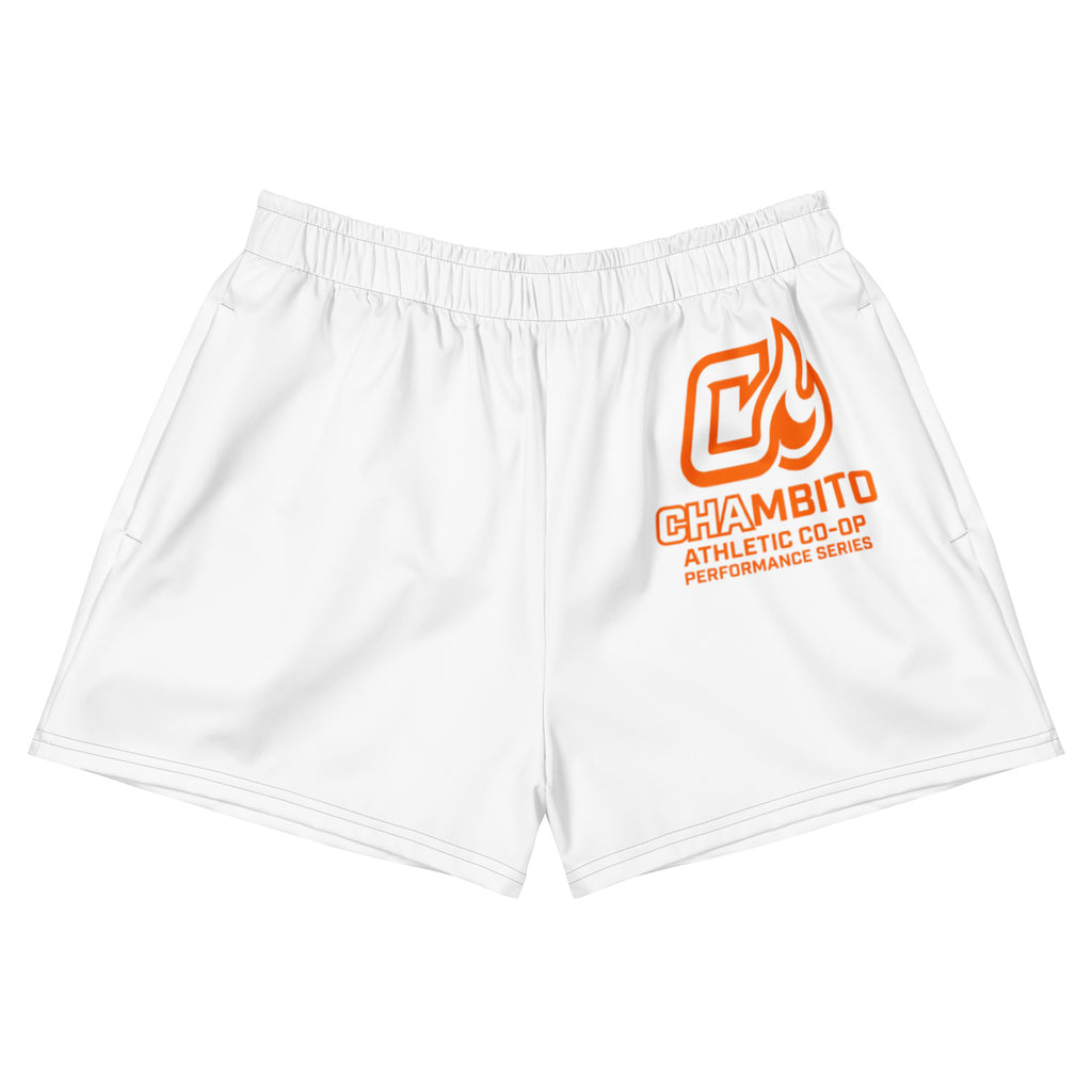 White shorts with orange logo and text on a white background