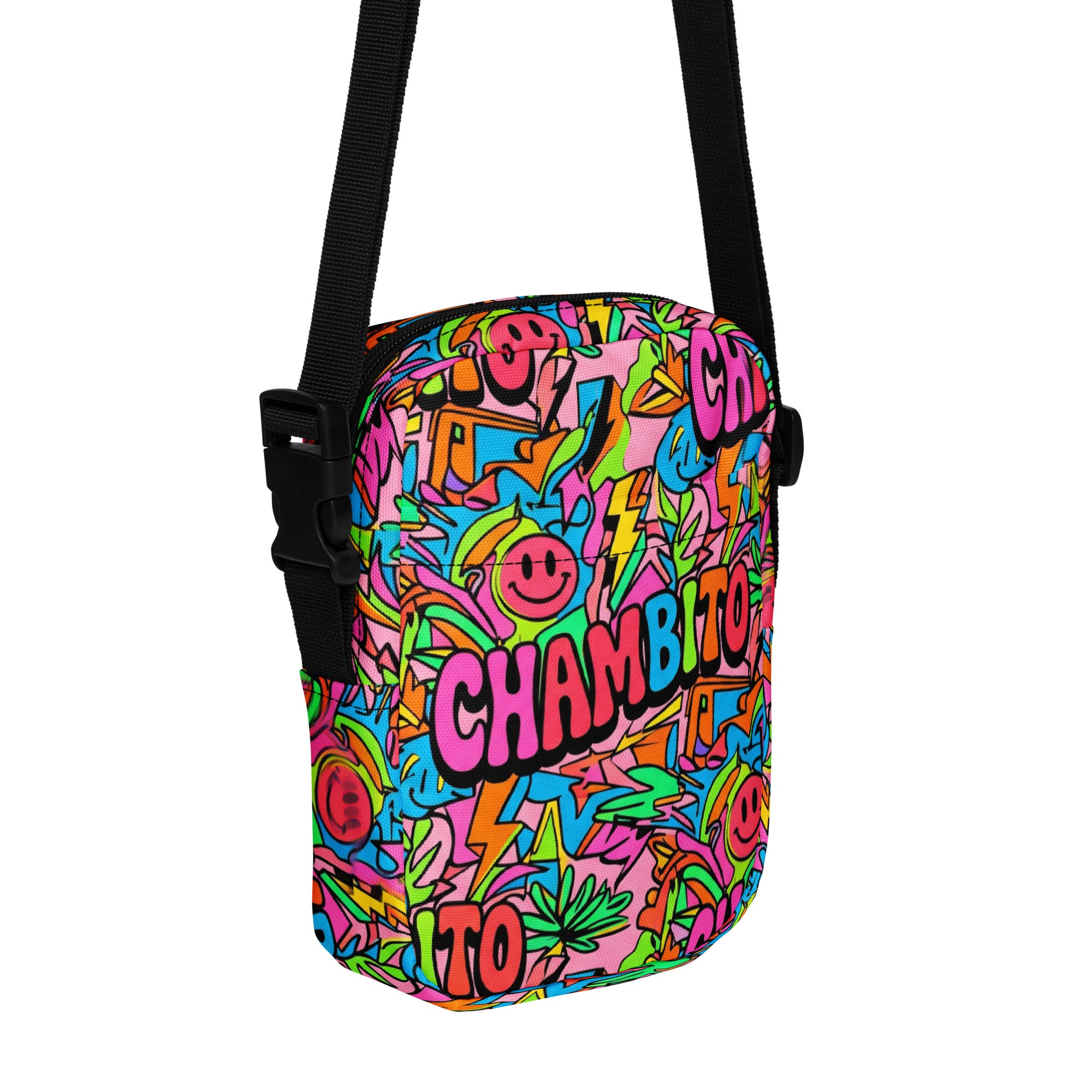 Graffiti style CHAMBITO logo cross body bag, multicolour 