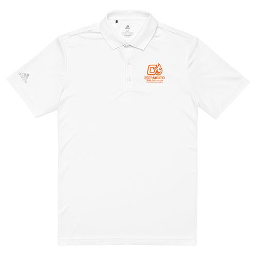 White polo shirt with logos on a white background