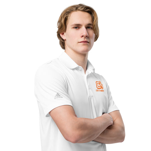 Person wearing a white polo shirt with a logo on a white background