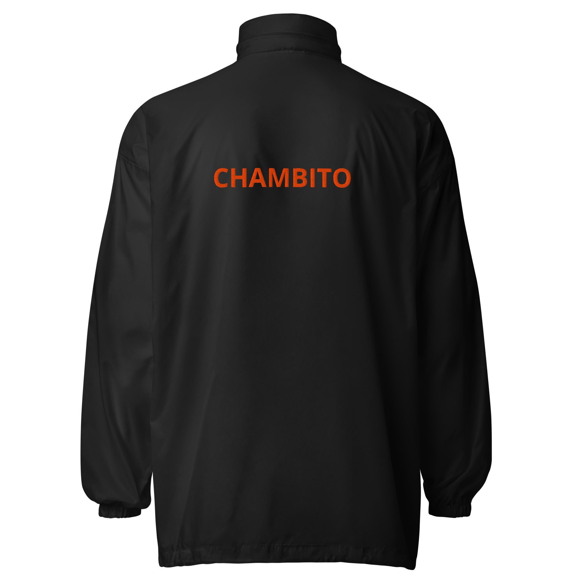 A black long-sleeve jacket shown from the back, featuring the word 'CHAMBITO' printed in orange across the upper back, set against a plain white background.