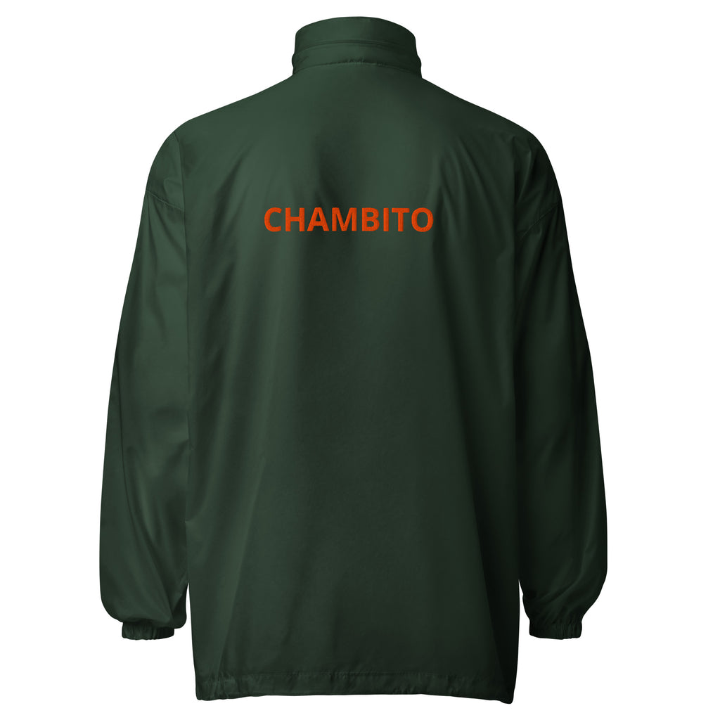 A dark green long-sleeve jacket shown from the back, featuring the word 'CHAMBITO' printed in orange across the upper back, set against a plain white background.