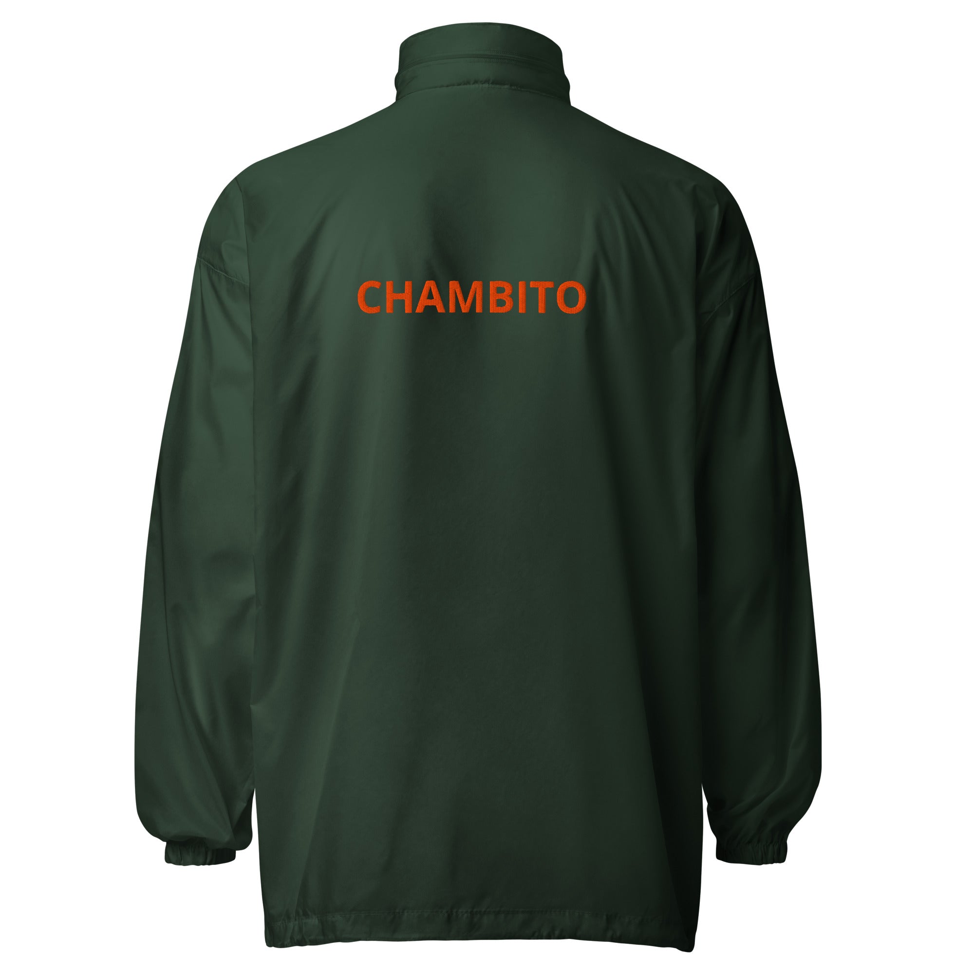 A dark green long-sleeve jacket shown from the back, featuring the word 'CHAMBITO' printed in orange across the upper back, set against a plain white background.