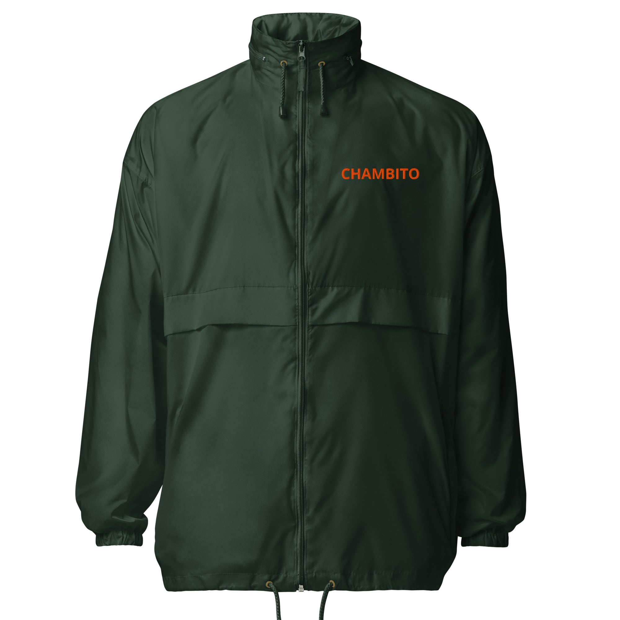 Green jacket with a logo on the chest against a white background