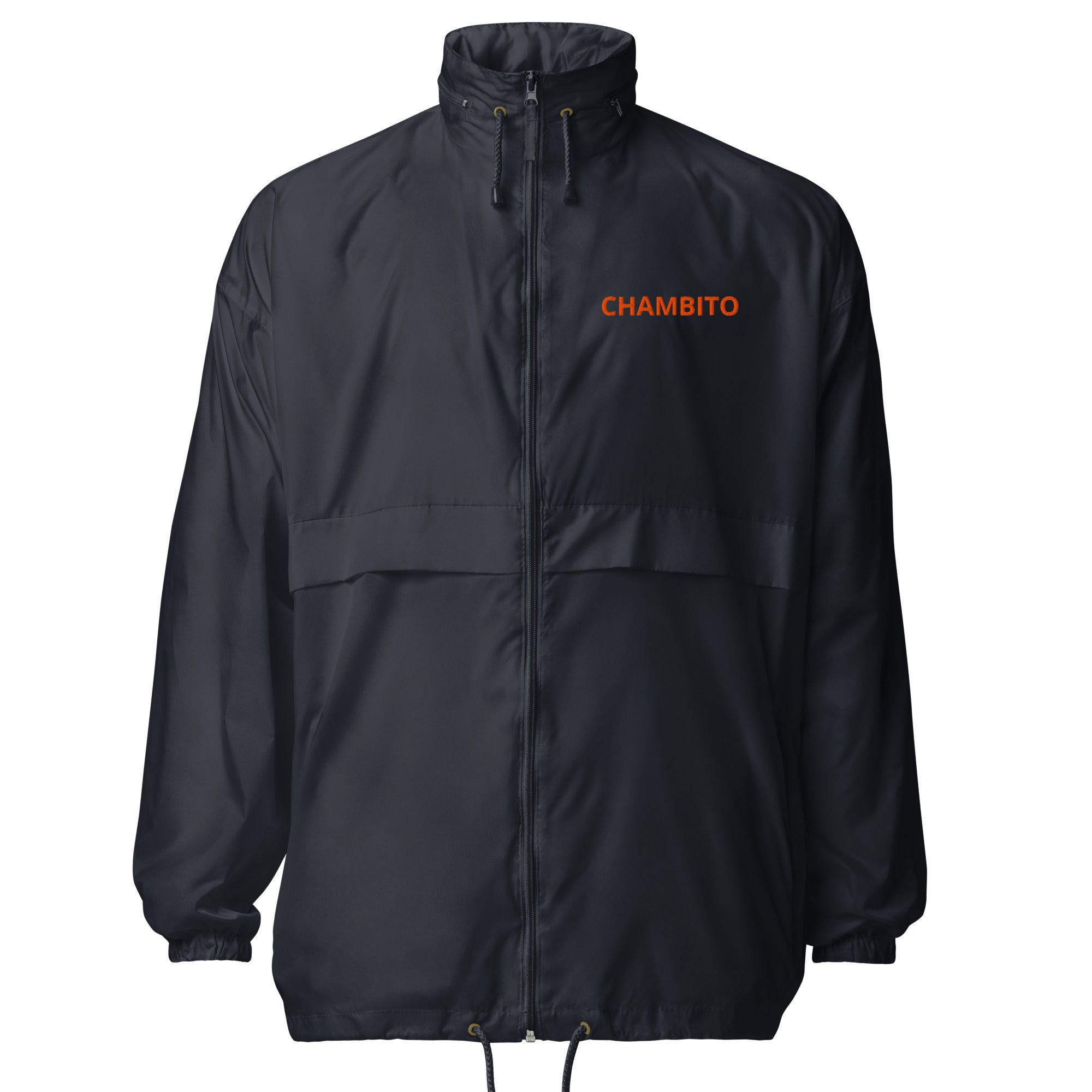 A black lightweight windbreaker jacket with a high collar, front zipper, and drawstring hem. The word 'CHAMBITO' is printed in orange on the left chest.