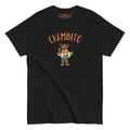 A black short-sleeve t-shirt with a graphic of a cartoon moose wearing a striped shirt and green pants, holding a snowboard , below the word 'CHAMBITO' in orange