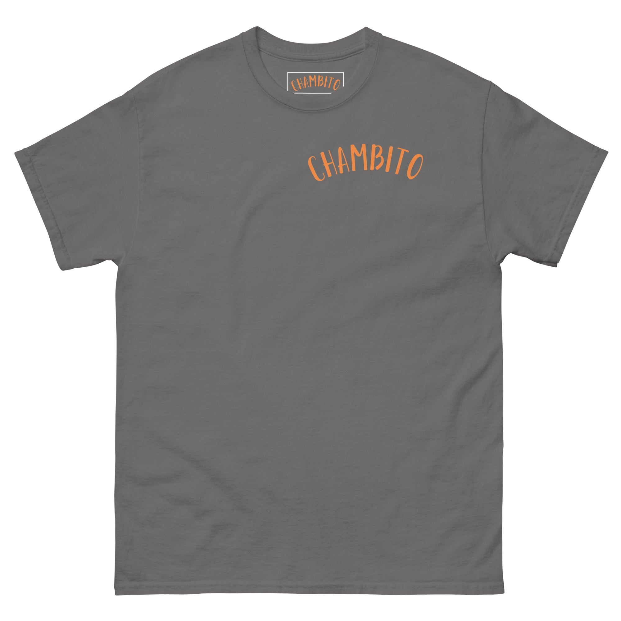 A charcoal crewneck t-shirt with 'CHAMBITO' printed in an orange arched font on the chest, displayed flat against a white background.