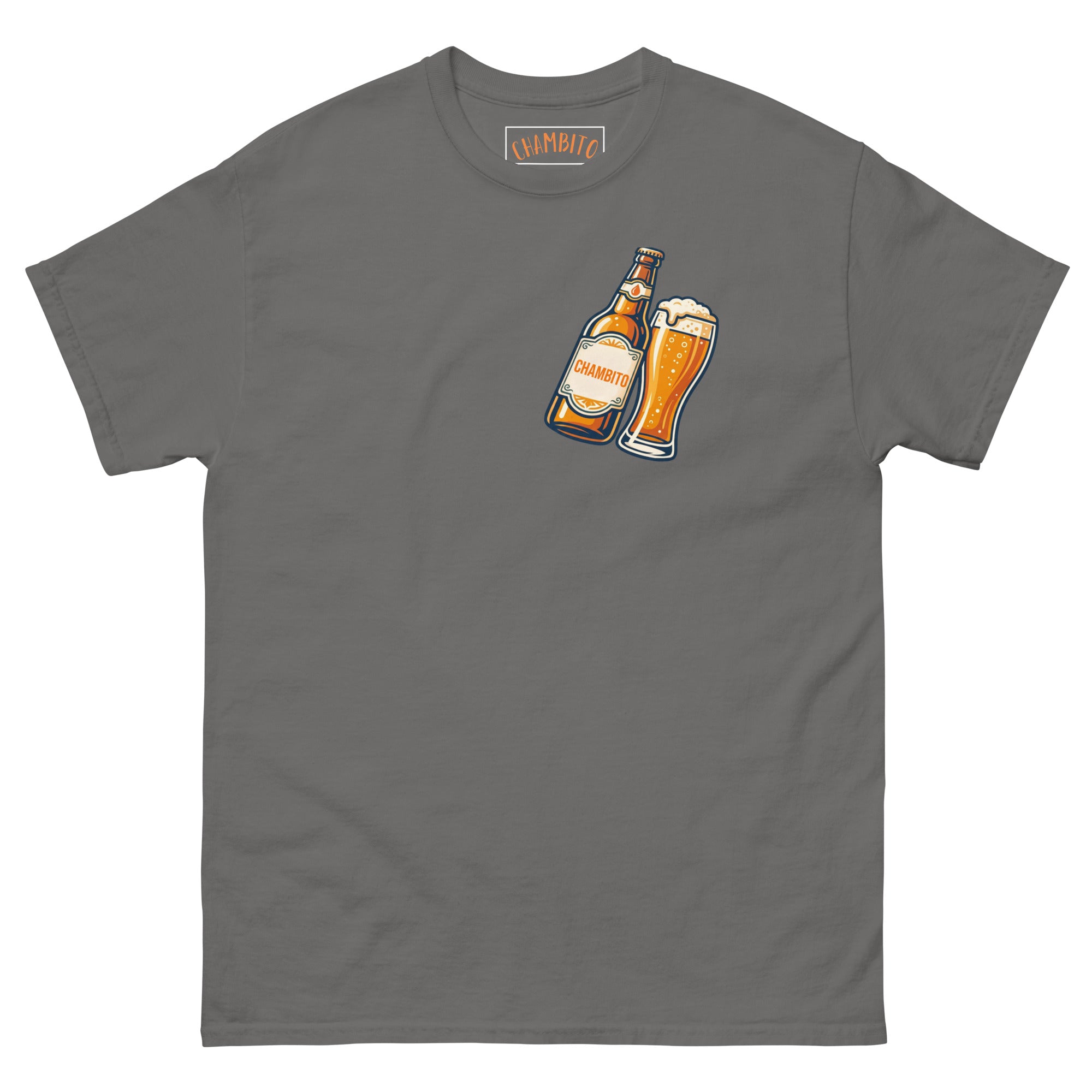 A dark gray crewneck t-shirt featuring a graphic of a beer bottle and a pint glass on the chest, with a visible CHAMBITO brand label printed inside the collar.