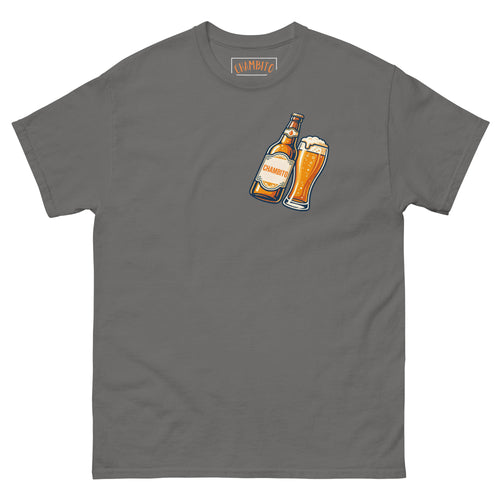 A dark gray crewneck t-shirt featuring a graphic of a beer bottle and a pint glass on the chest, with a visible CHAMBITO brand label printed inside the collar.