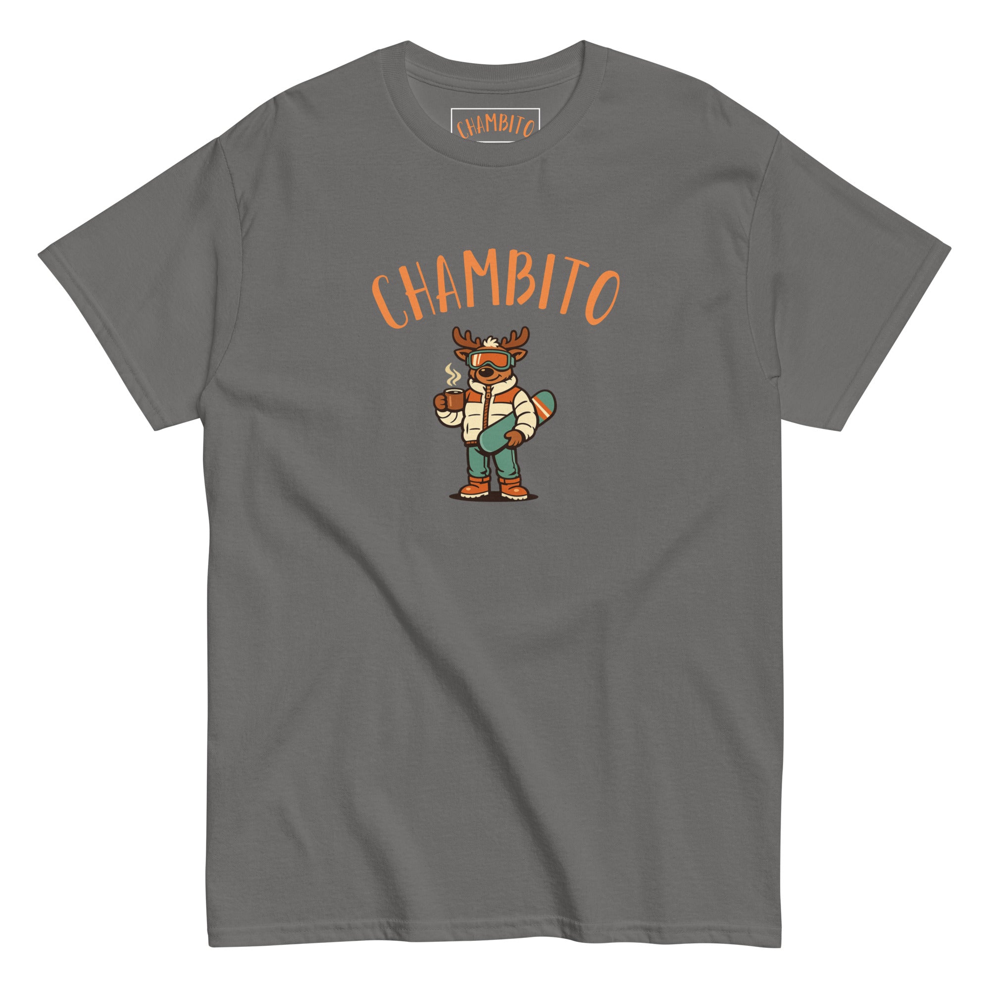 A charcoal short-sleeve t-shirt with a graphic of a cartoon moose wearing a striped shirt and green pants, holding a snowboard , below the word 'CHAMBITO' in orange