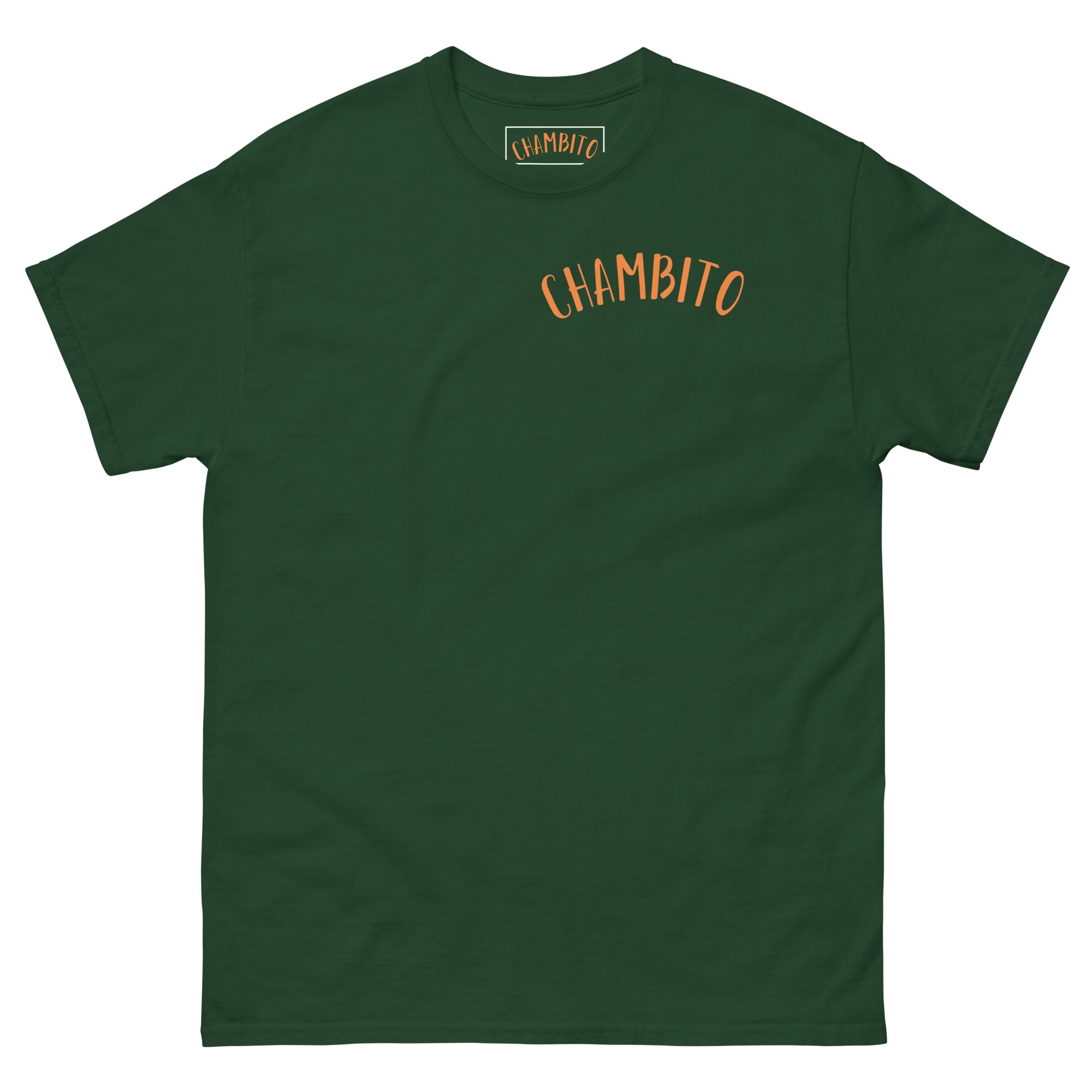 Green t-shirt showing CHAMBITO logo in orange 