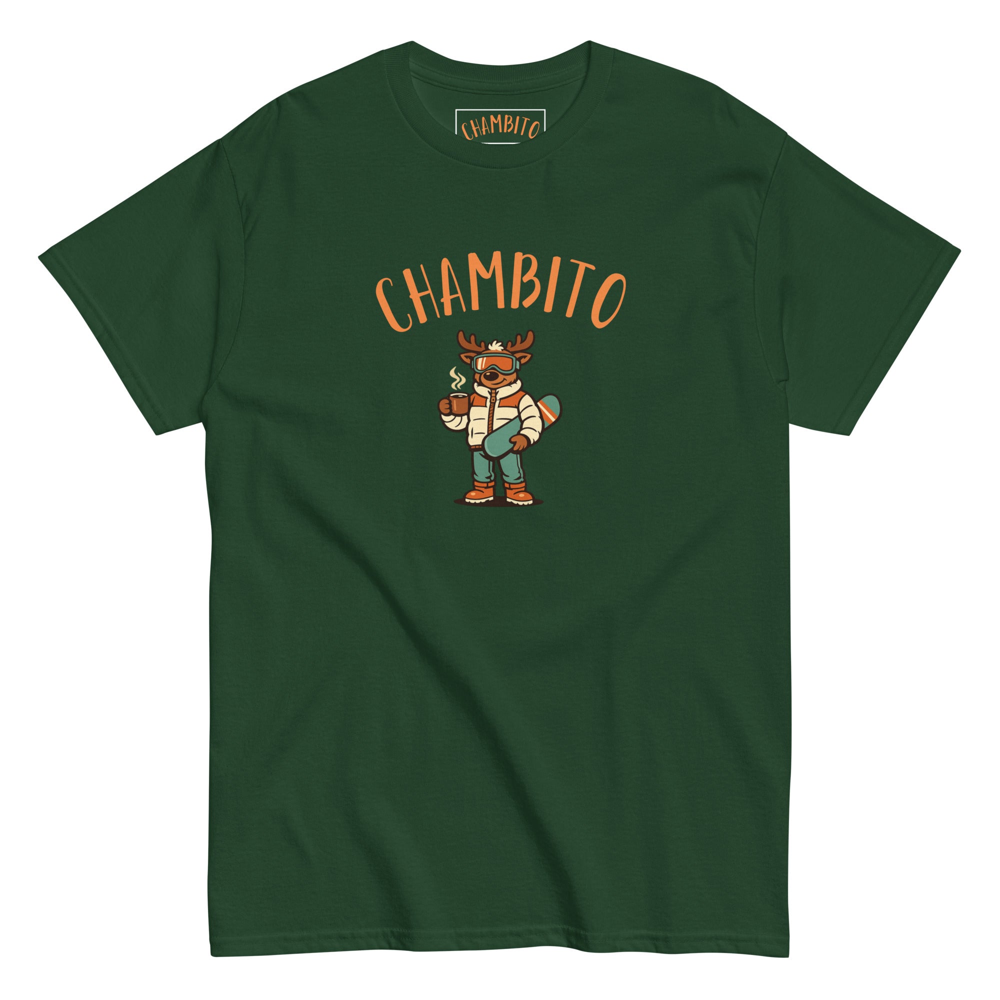 A green short-sleeve t-shirt with a graphic of a cartoon moose wearing a striped shirt and green pants, holding a snowboard , below the word 'CHAMBITO' in orange