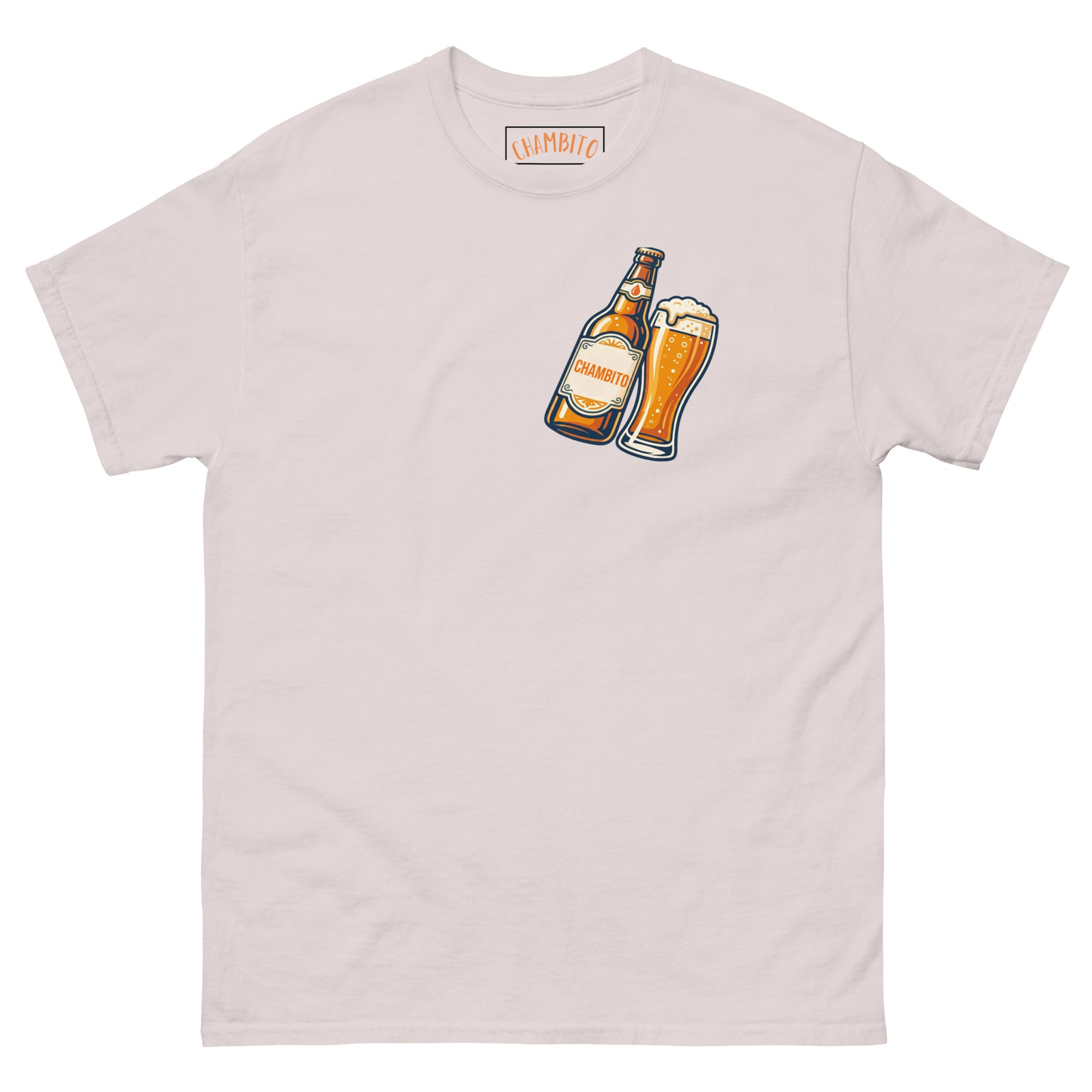 AN ice grey crewneck t-shirt featuring a graphic of a brown beer bottle and a glass of amber beer with white foam on the chest, displayed against a solid white background.