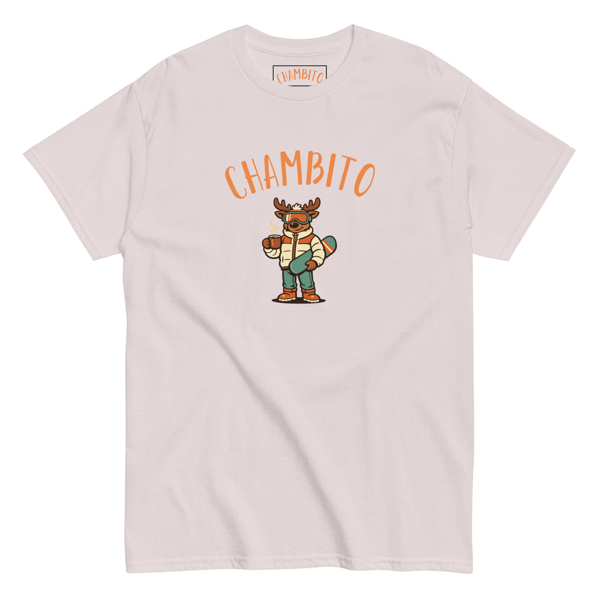 A ice grey short-sleeve t-shirt with a graphic of a cartoon moose wearing a striped shirt and green pants, holding a snowboard , below the word 'CHAMBITO' in orange