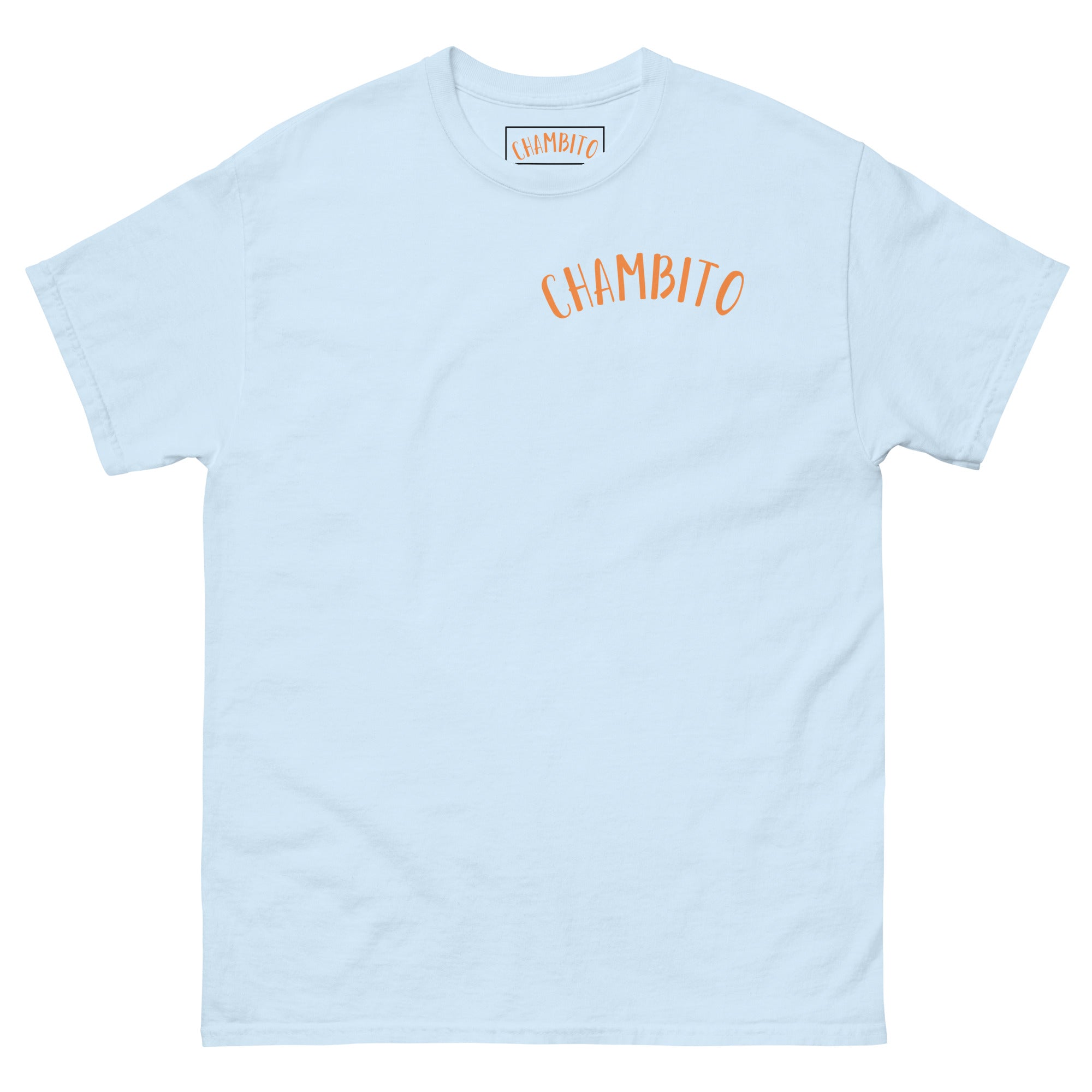 A light blue short-sleeve crewneck t-shirt with the word 'CHAMBITO' printed in orange arched text across the chest, displayed flat against a white background.