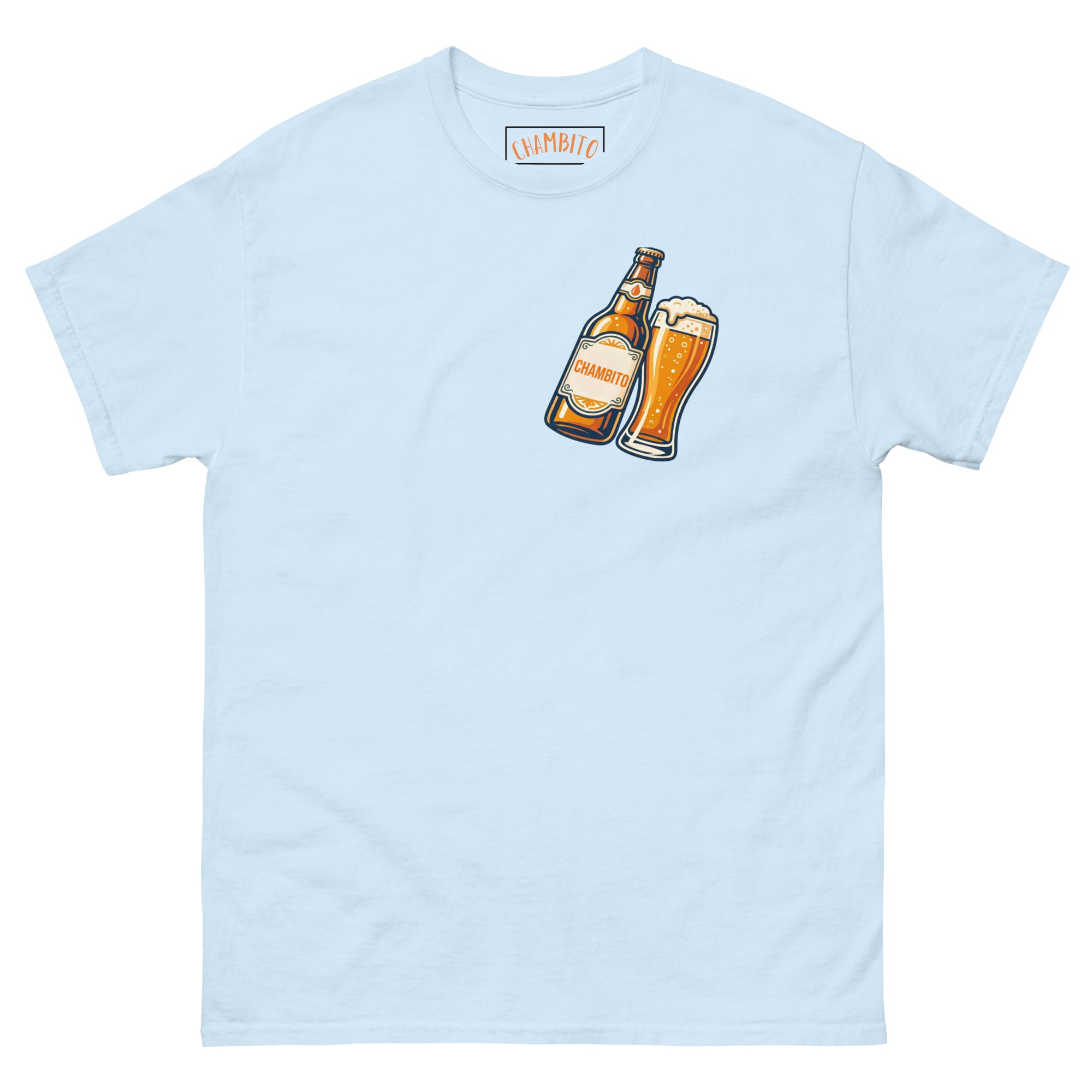 A light blue crewneck t-shirt featuring a graphic print of a beer bottle and a pint of beer on the center chest, displayed flat against a white background.