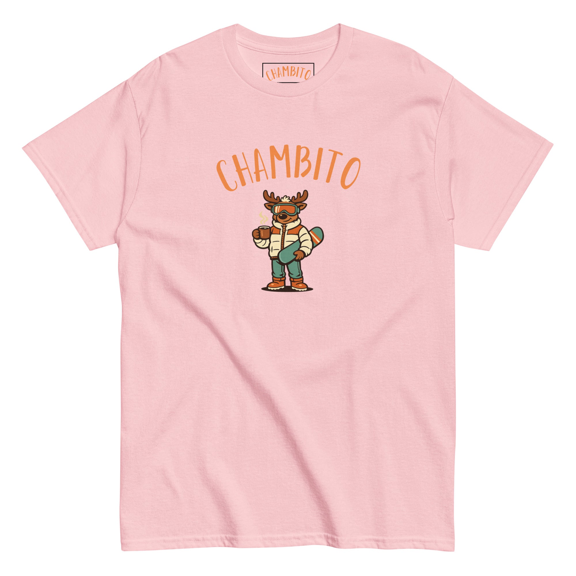 A light pink short-sleeve t-shirt with a graphic of a cartoon moose wearing a striped shirt and green pants, holding a snowboard , below the word 'CHAMBITO' in orange