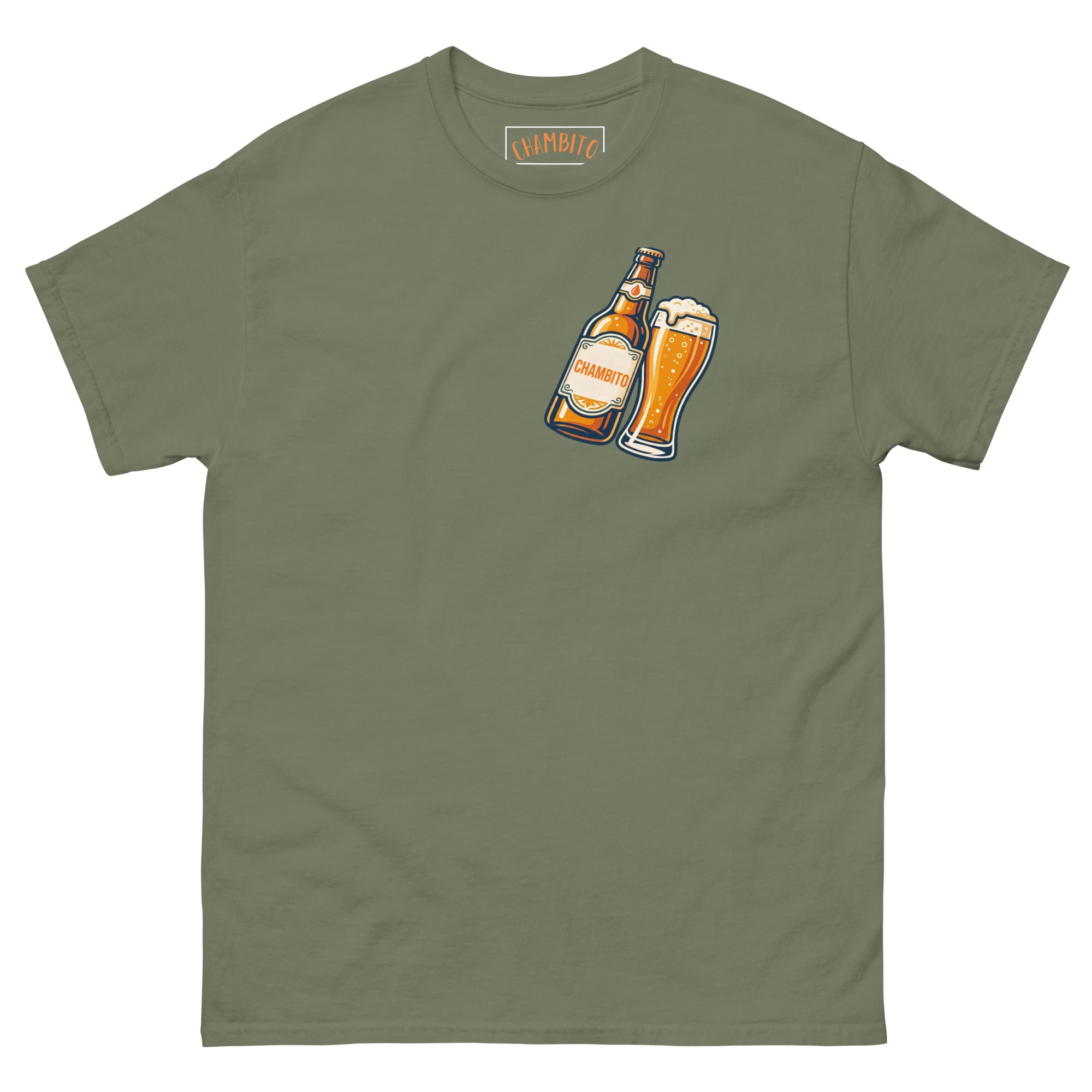 An olive green short-sleeve t-shirt with a graphic of a beer bottle and pint glass on the chest, featuring the brand name CHAMBITO printed inside the collar.
