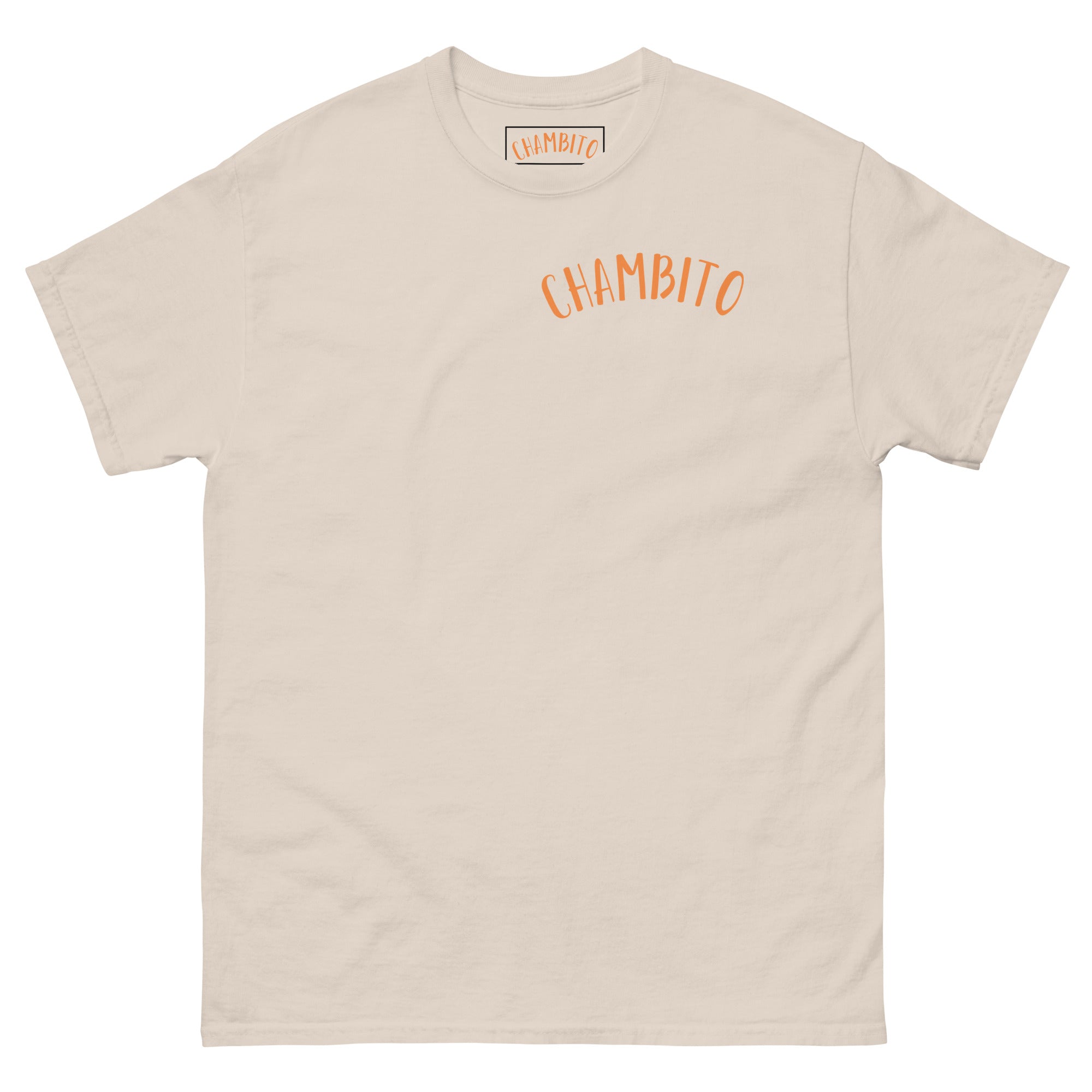 A light beige crewneck t-shirt with the word 'CHAMBITO' printed in orange arched text across the chest, displayed flat against a white background.