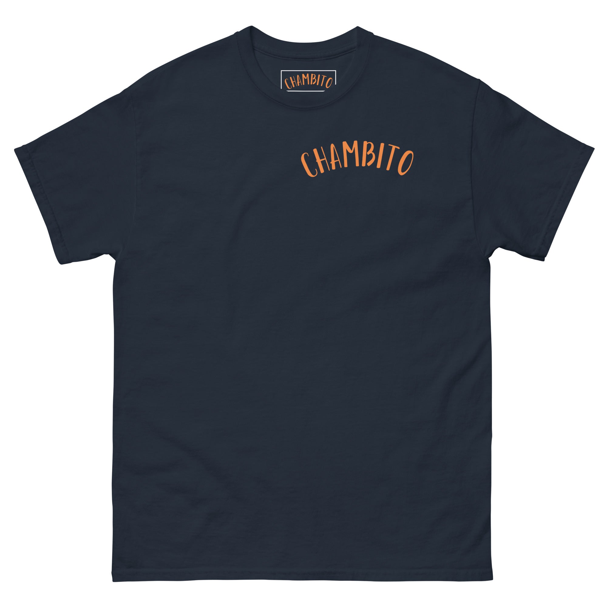 Navy t-shirt with a small orange graphic on the chest against a white background