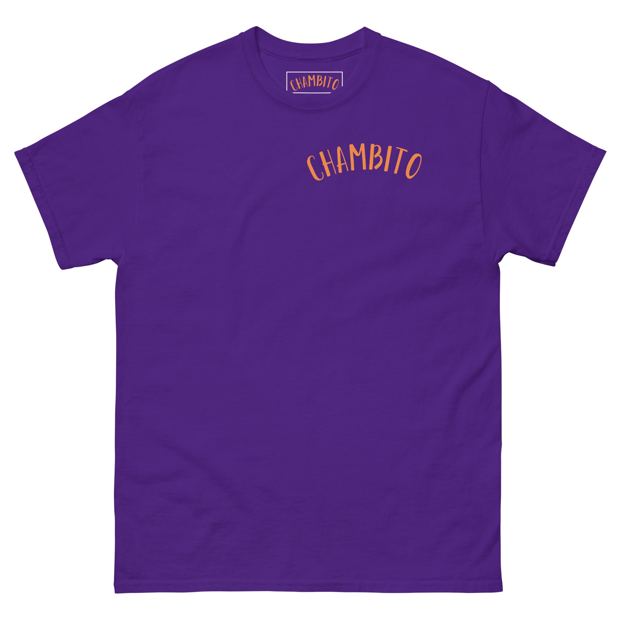A purple short-sleeve crewneck t-shirt with 'CHAMBITO' printed in orange arched text across the chest, and a small 'LUMBIT' brand label visible inside the collar, set against a plain white background.