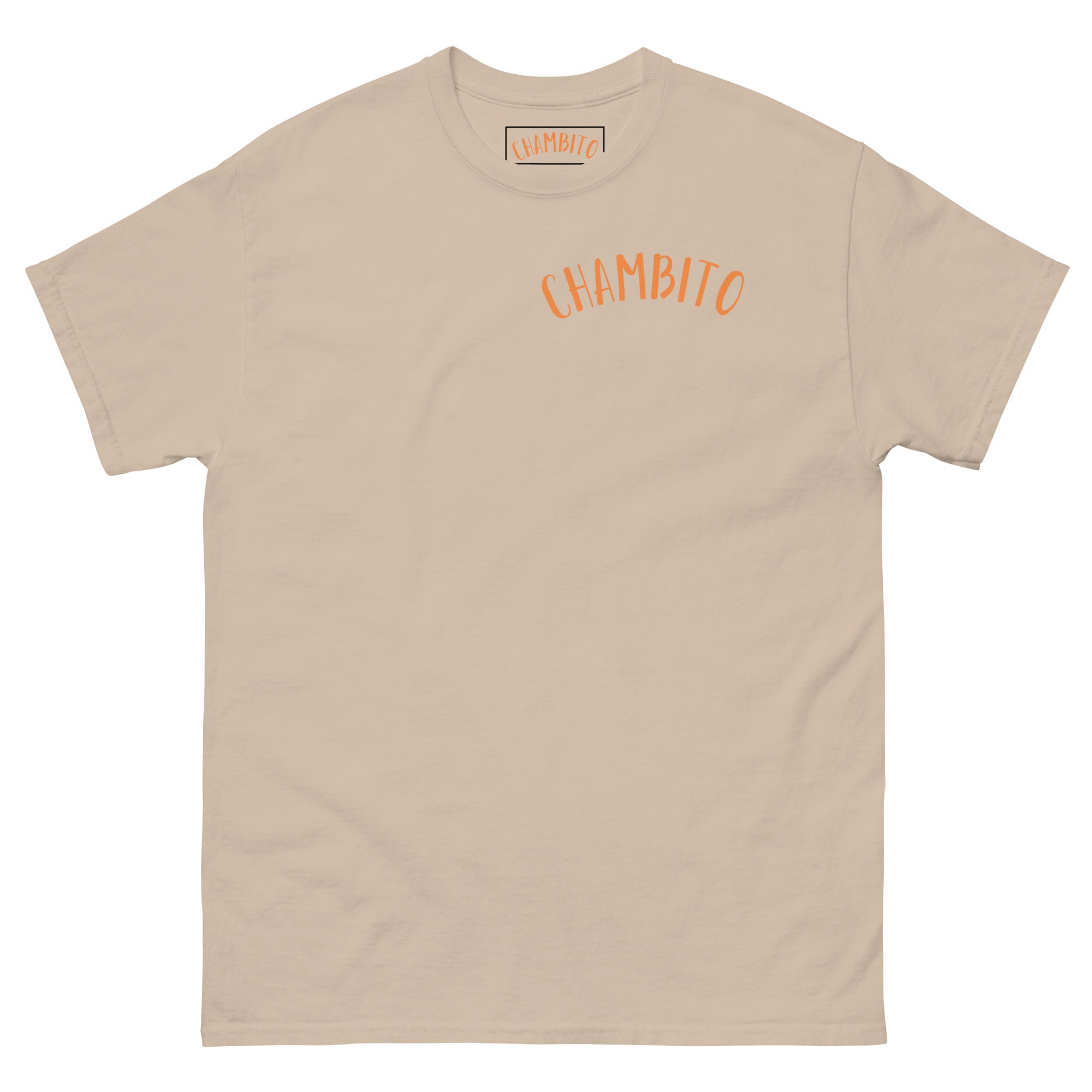 A beige crewneck t-shirt with 'CHAMBITO' printed in orange arched text across the chest, displayed flat against a white background.