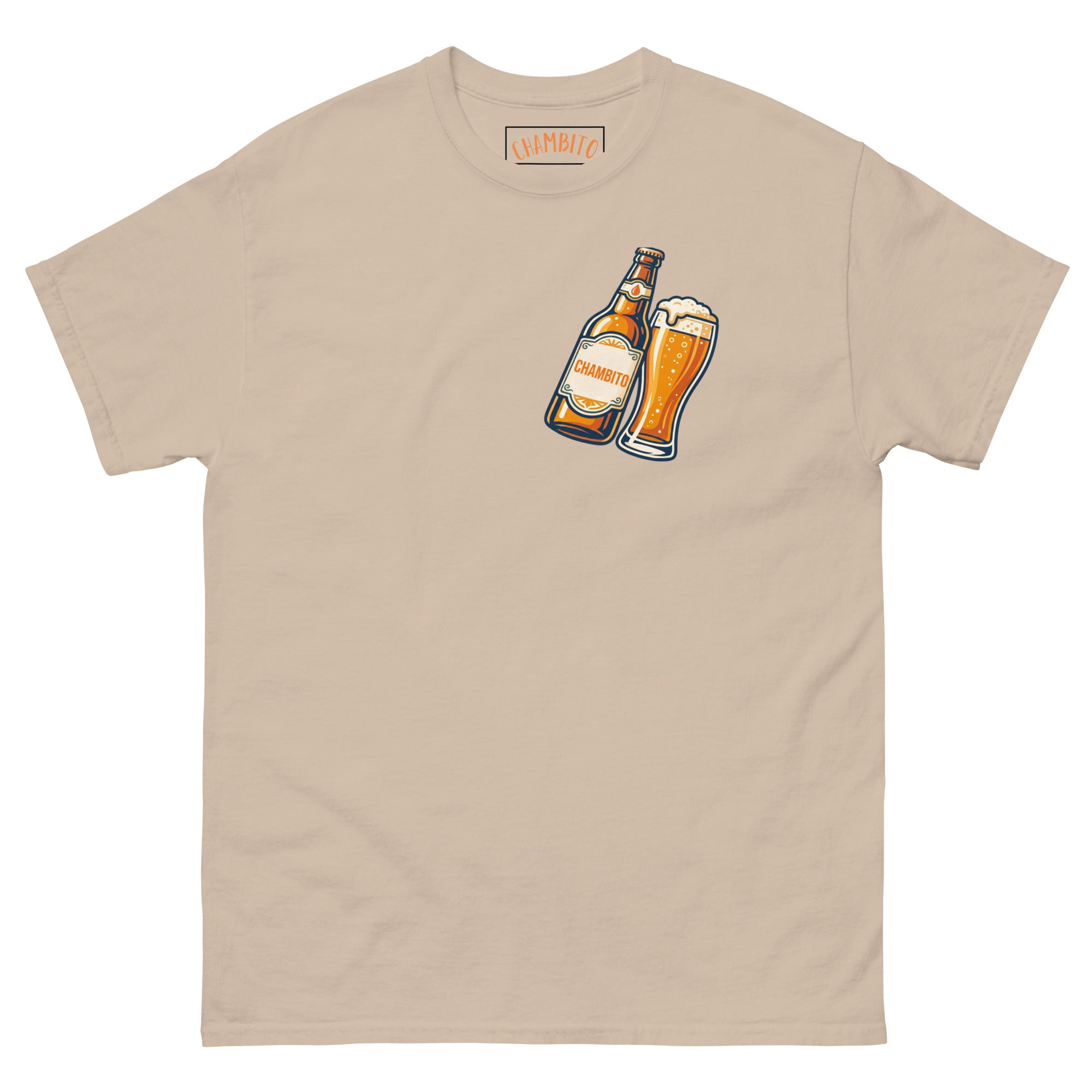 A beige crewneck t-shirt featuring a graphic print of a beer bottle and a pint of beer on the left chest, displayed against a solid white background.