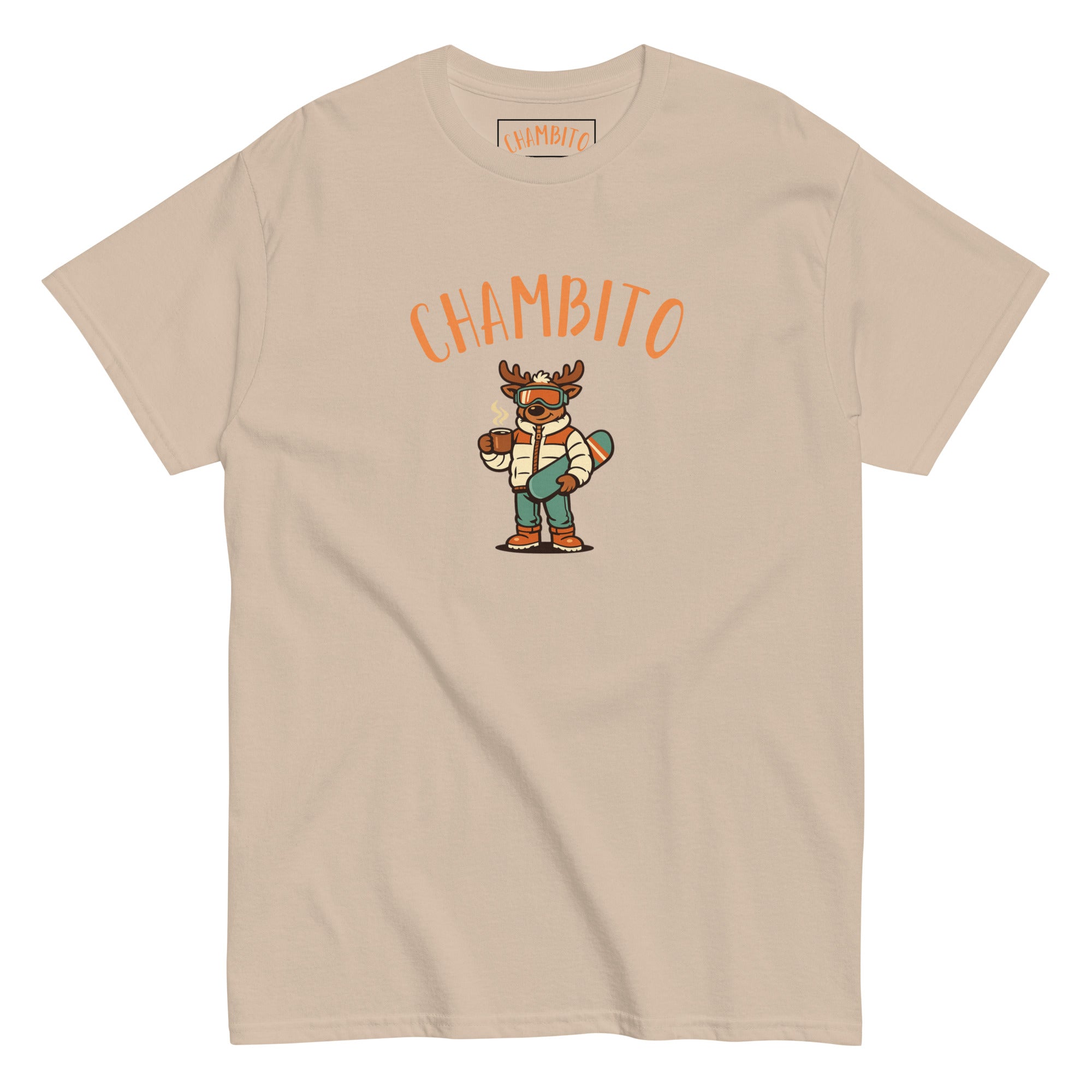 A sand short-sleeve t-shirt with a graphic of a cartoon moose wearing a striped shirt and green pants, holding a snowboard , below the word 'CHAMBITO' in orange