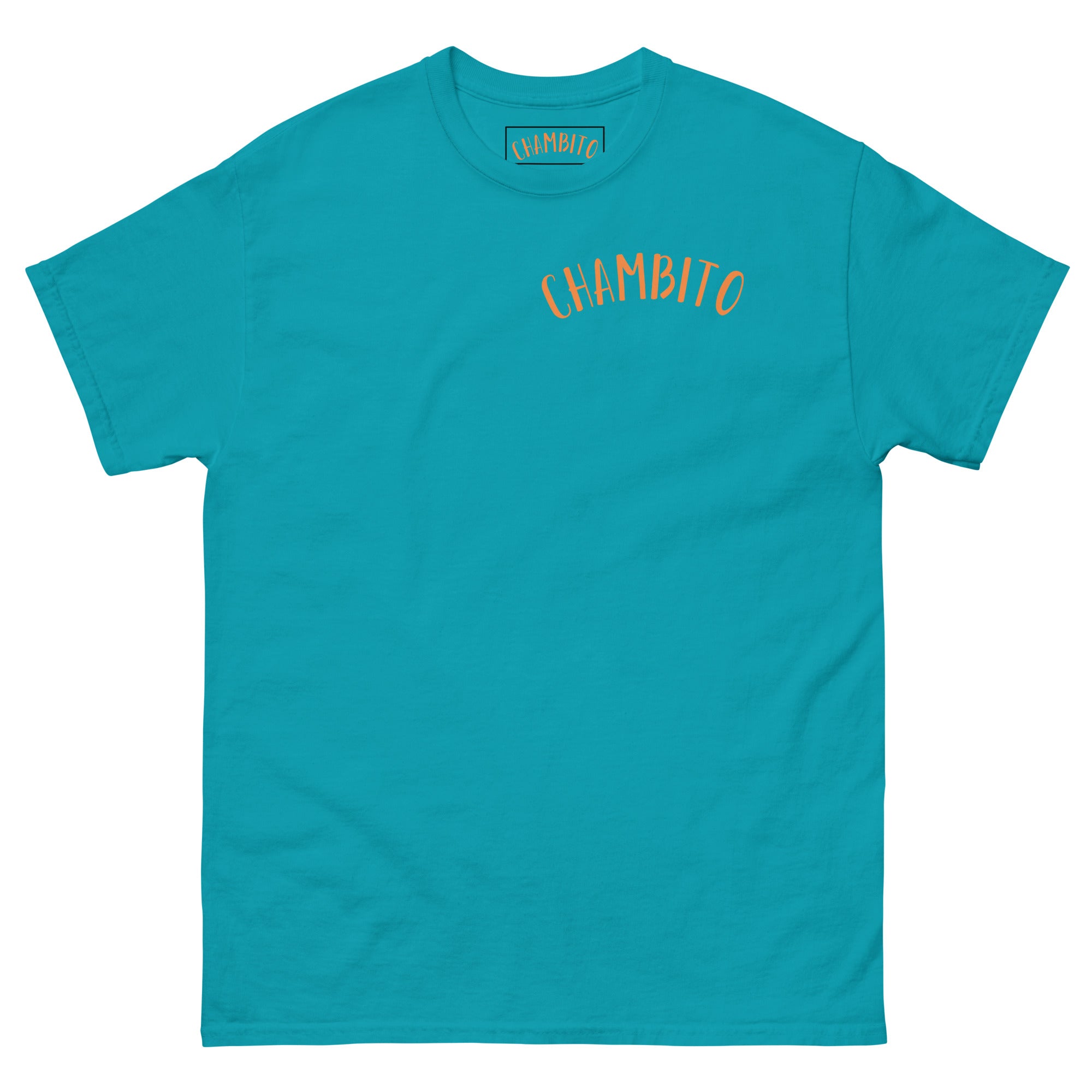 A turquoise blue short-sleeve t-shirt with the word 'CHAMBITO' printed in orange arched text across the chest, displayed flat against a white background.