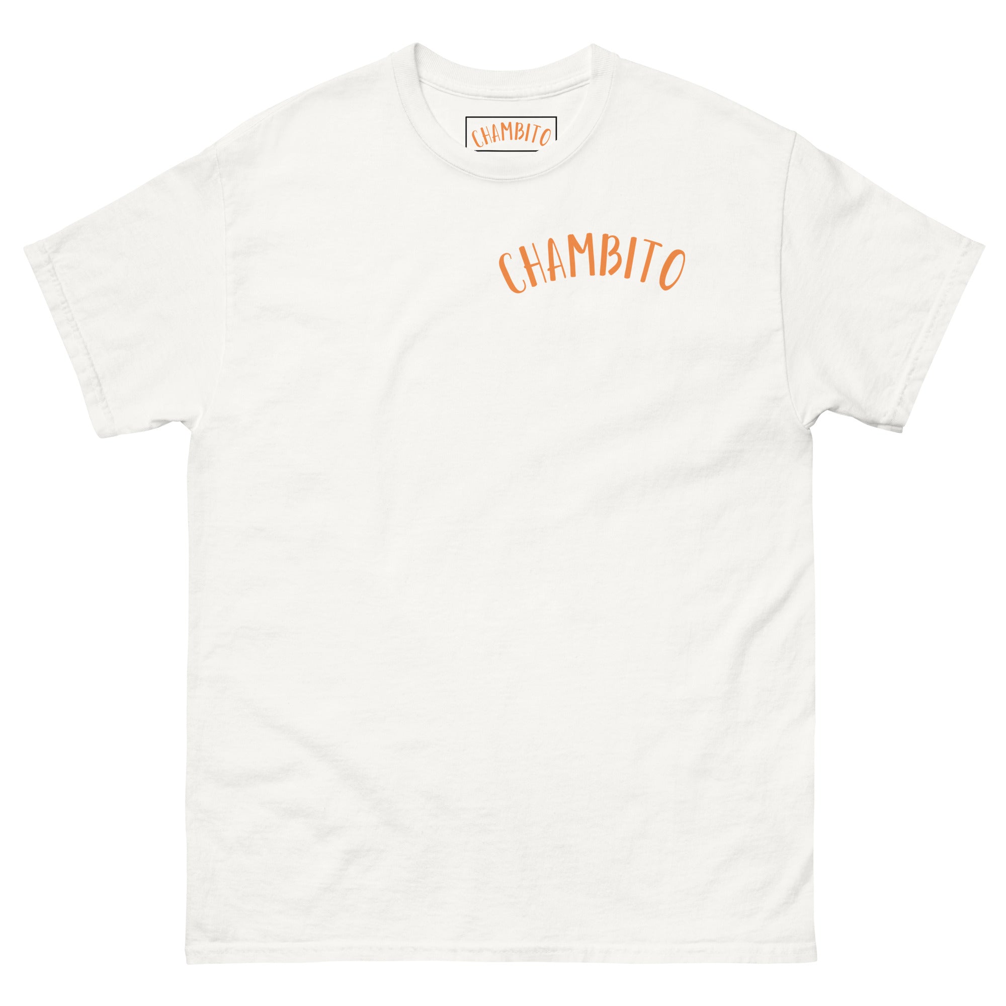 An off-white short-sleeve t-shirt with the word 'CHAMBITO' printed in orange arched text across the chest, displayed flat against a white background.