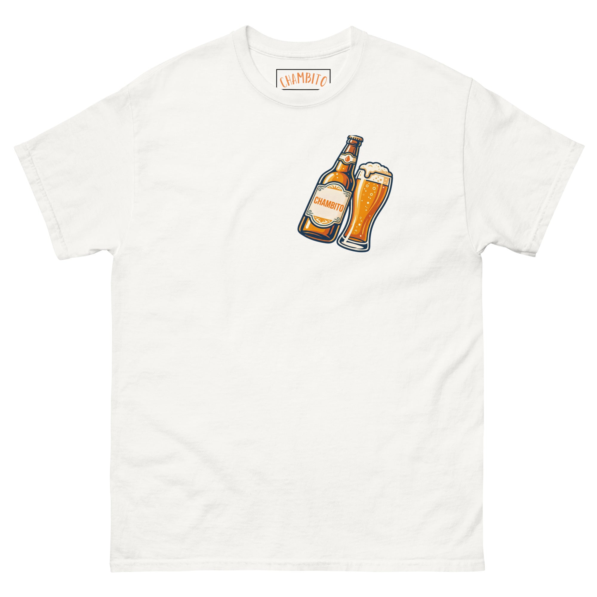 An off-white crewneck t-shirt featuring a graphic of a brown beer bottle and a glass of amber beer with white foam on the chest, displayed flat against a white background.