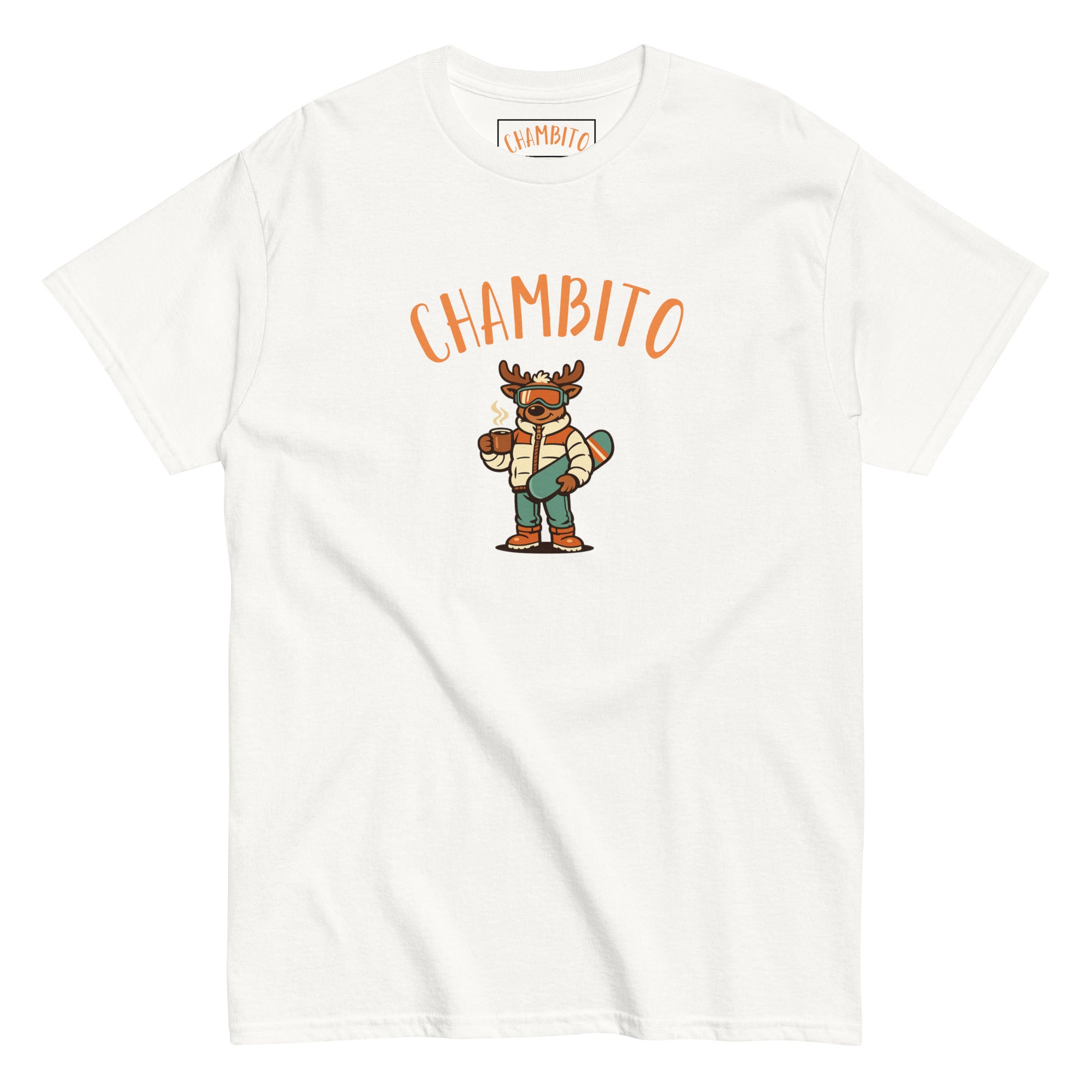 A white short-sleeve t-shirt with a graphic of a cartoon moose wearing a striped shirt and green pants, holding a snowboard , below the word 'CHAMBITO' in orange