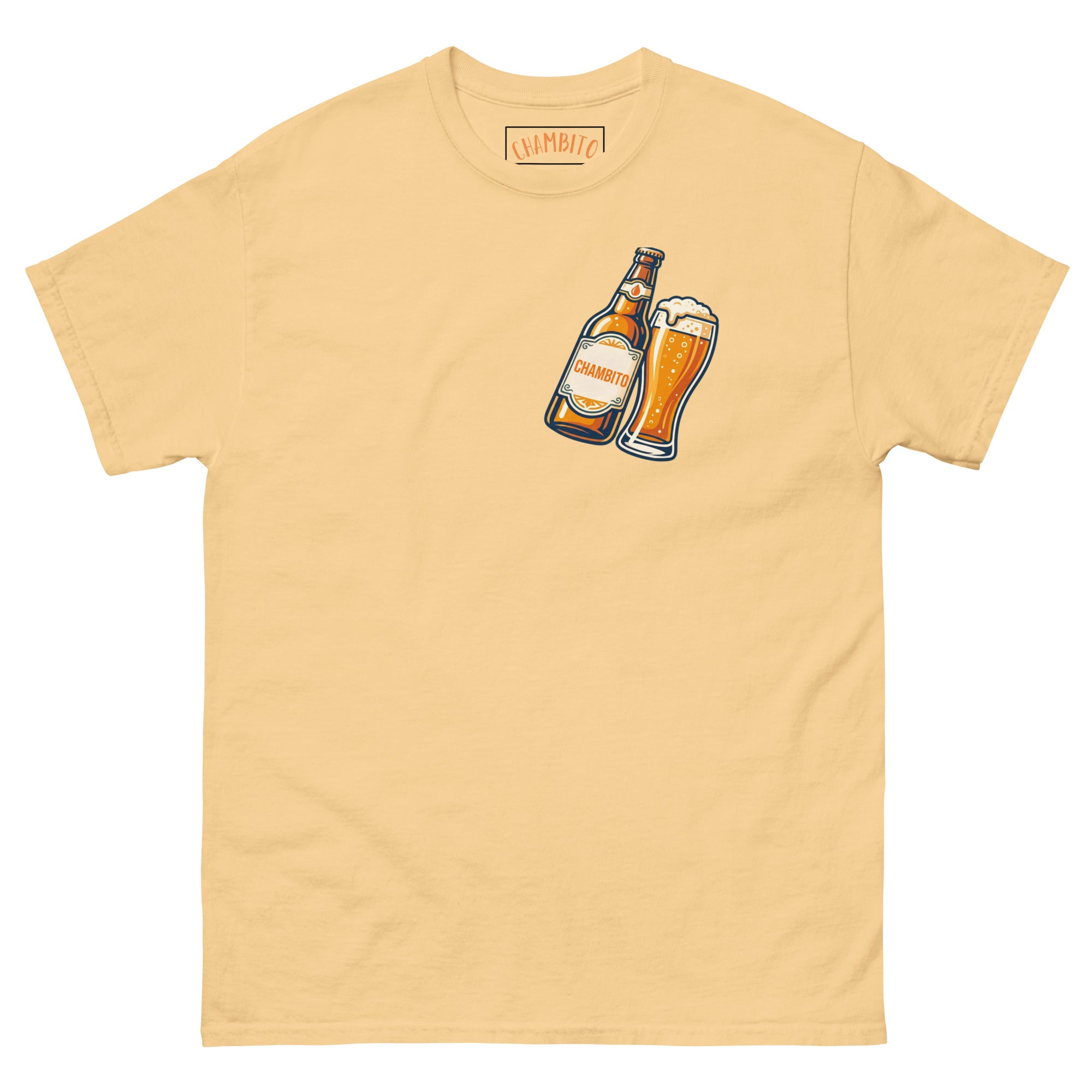 A light peach-colored short-sleeve t-shirt with a graphic of a beer bottle and a pint of beer on the left chest, displayed flat against a white background.