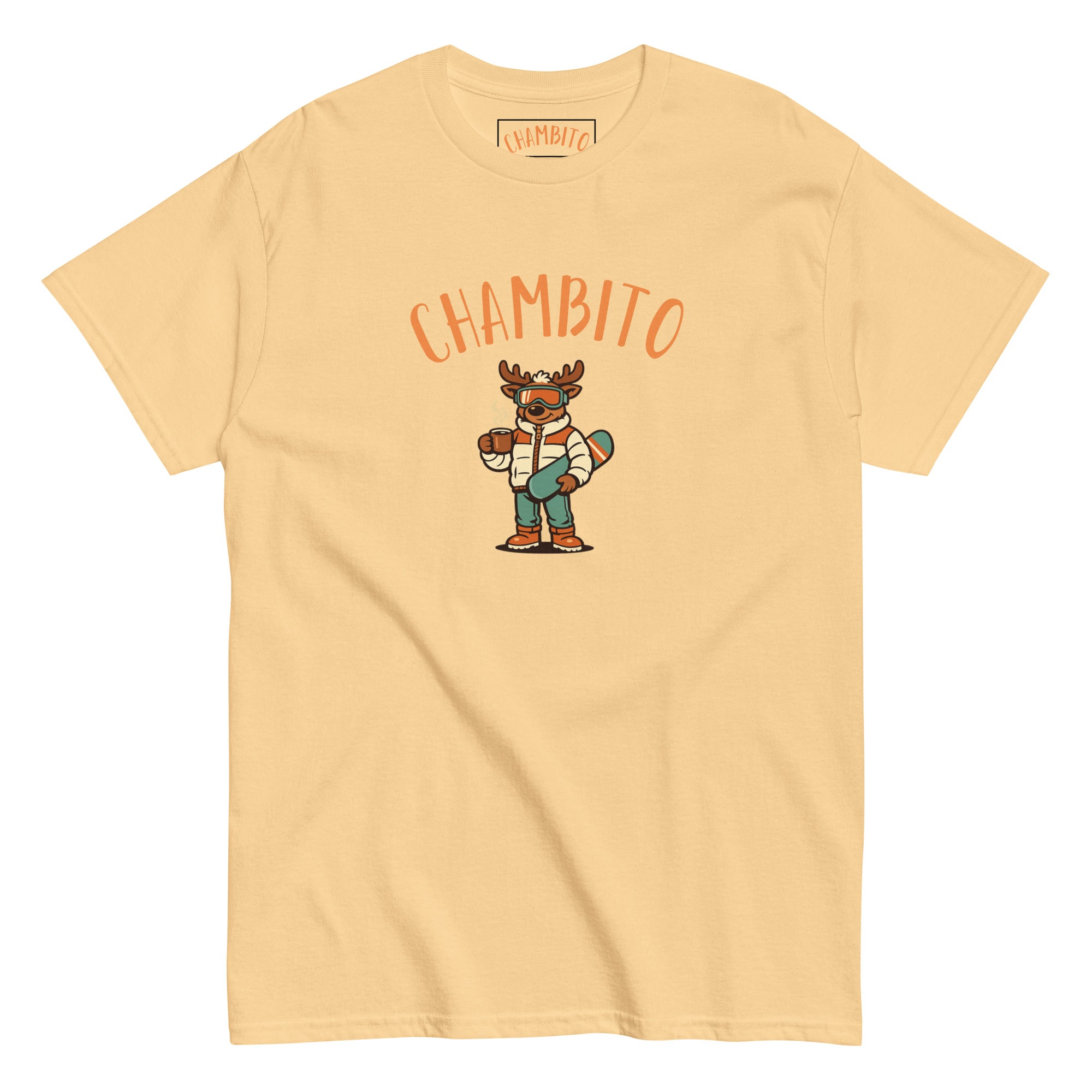 A yellow short-sleeve t-shirt with a graphic of a cartoon moose wearing a striped shirt and green pants, holding a snowboard , below the word 'CHAMBITO' in orange