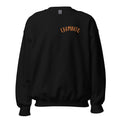 Black sweatshirt with a logo on the chest against a white background