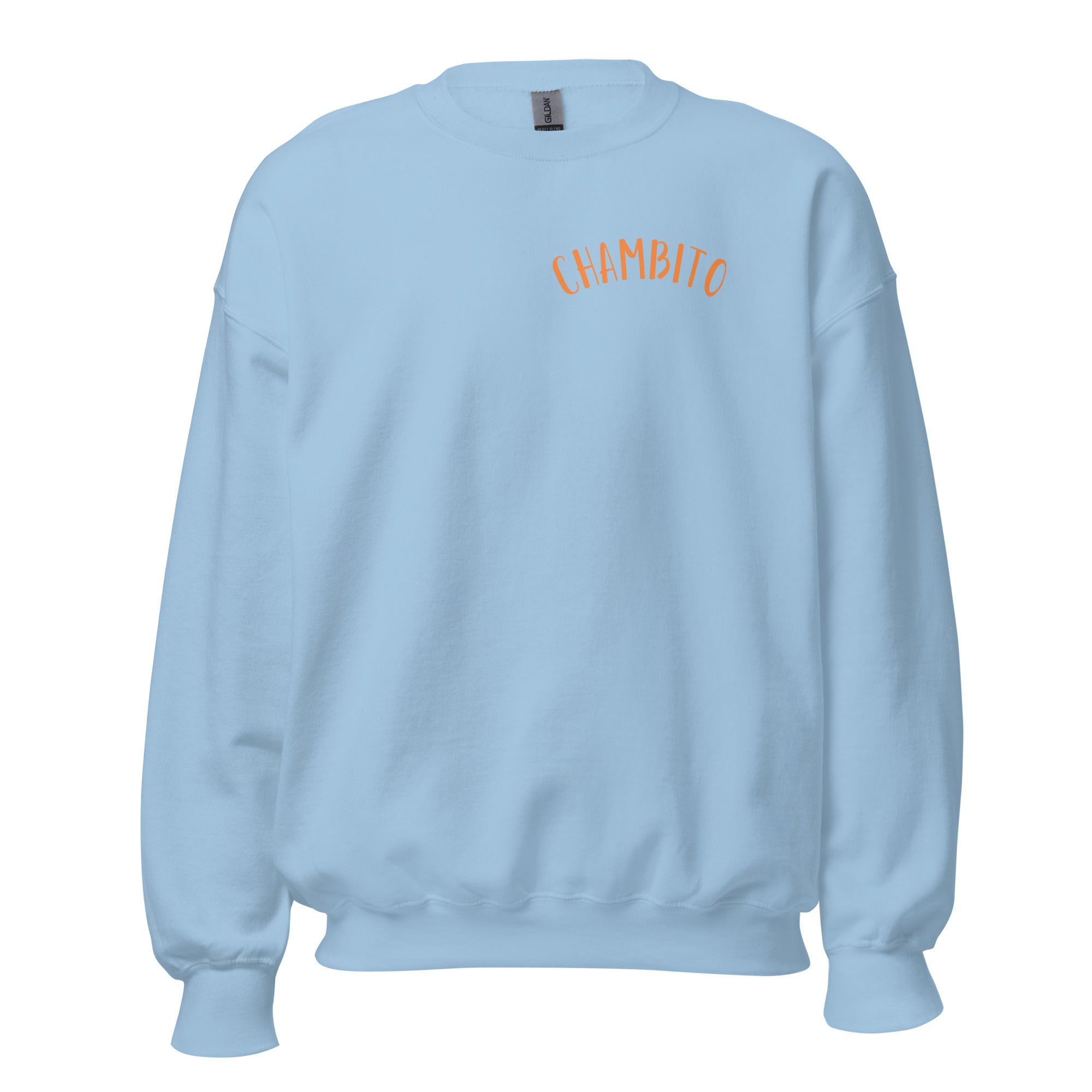 A light blue crewneck sweatshirt with the word 'CHAMBITO' printed in an arched orange font on the chest, displayed against a solid white background.