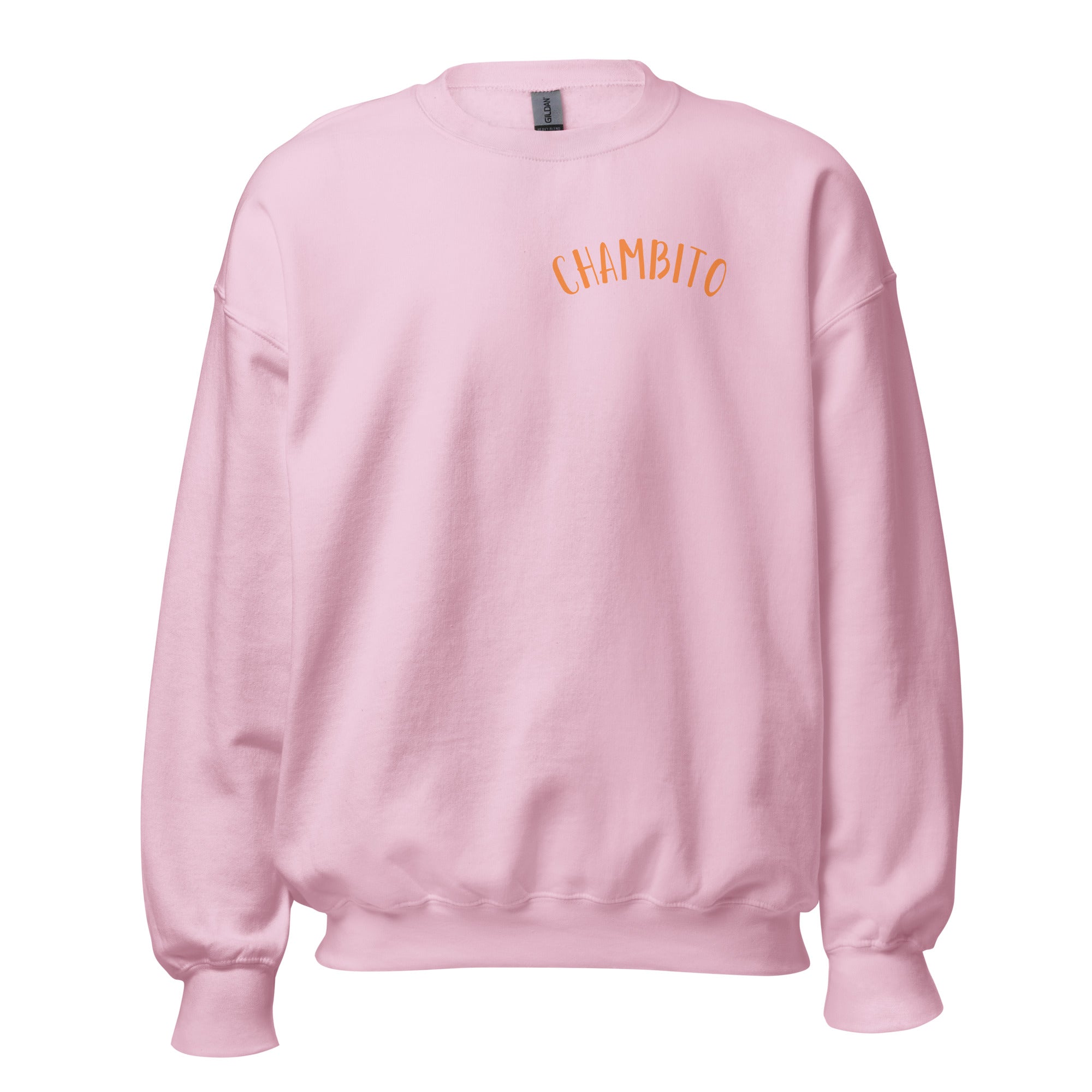 A light pink crewneck sweatshirt with 'CHAMBITO' printed in an arched orange font on the chest, displayed on a clean white background.