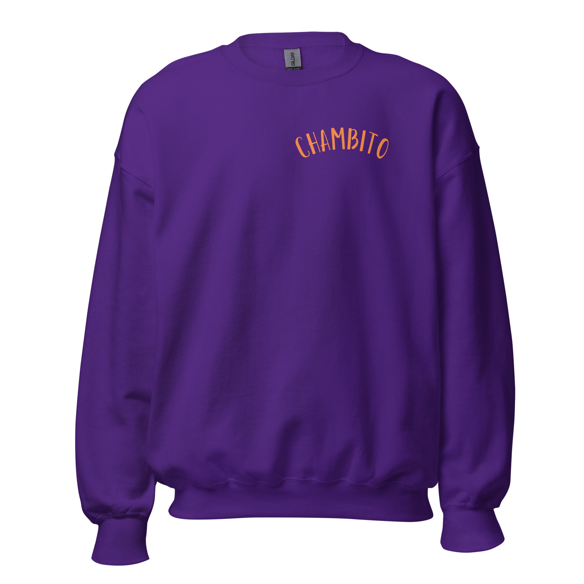 Purple sweatshirt with yellow logo on a white background