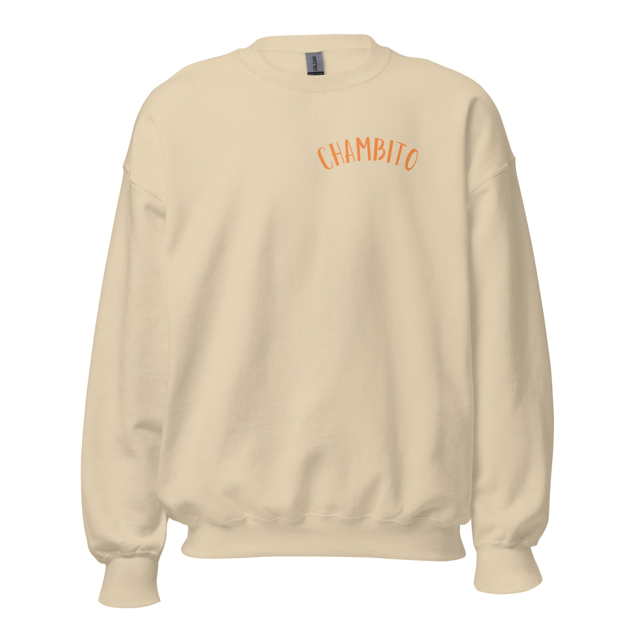 Sand sweatshirt with chambito logo on the chest against a white background