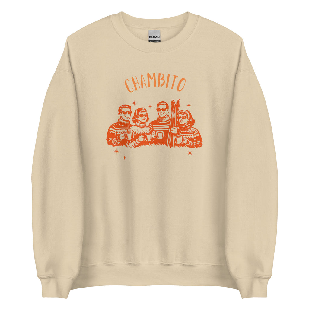 A beige crewneck sweatshirt featuring an orange graphic print of four people in striped sweaters holding mugs under the word 'CHAMBITO' in orange, displayed on a clean white background.