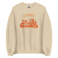 A beige crewneck sweatshirt featuring an orange graphic print of four people in striped sweaters holding mugs under the word 'CHAMBITO' in orange, displayed on a clean white background.