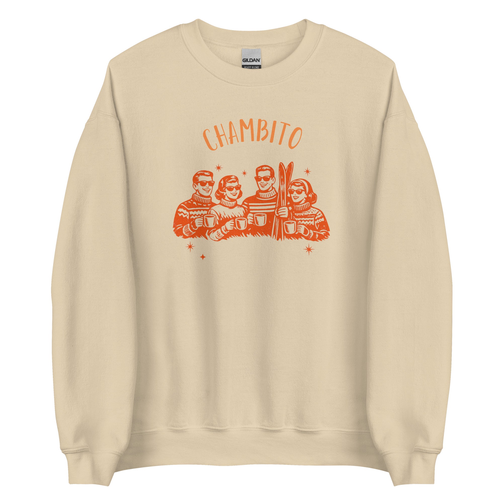 A beige crewneck sweatshirt featuring an orange graphic print of four people in striped sweaters holding mugs under the word 'CHAMBITO' in orange, displayed on a clean white background.