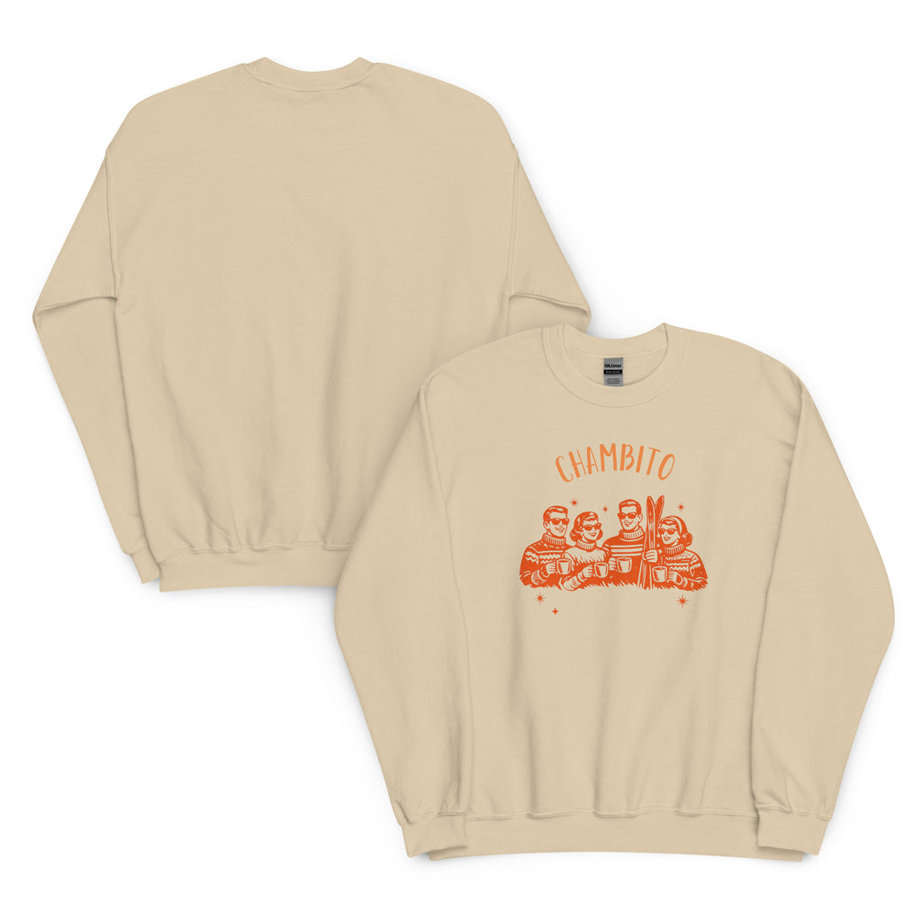 A beige crewneck sweatshirt shown from both front and back. The front features an orange graphic of four stylized figures with the word 'CHAMBITO' above them.