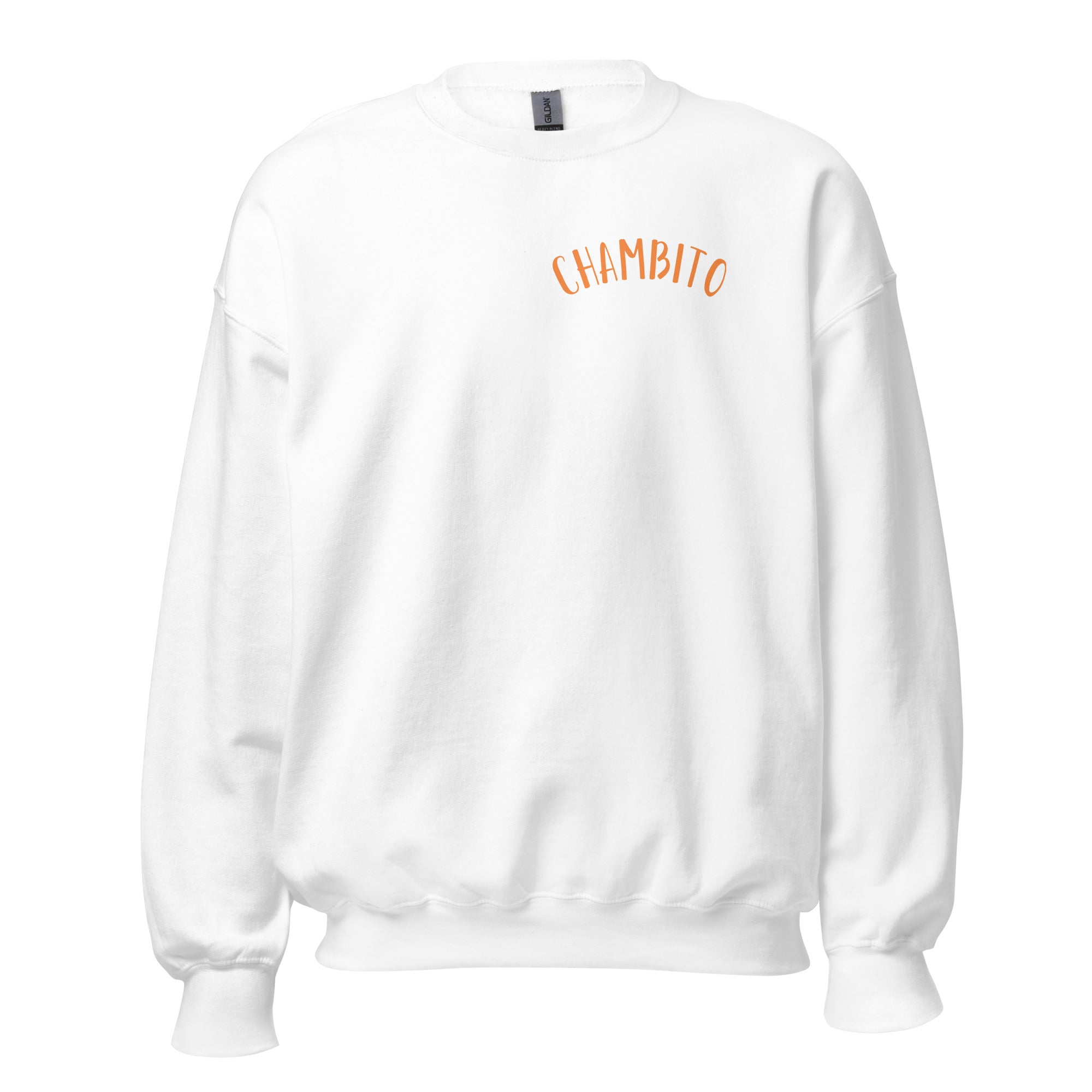 A white crewneck sweatshirt with the word 'CHAMBITO' printed in an orange arched font on the chest, displayed against a solid white background.